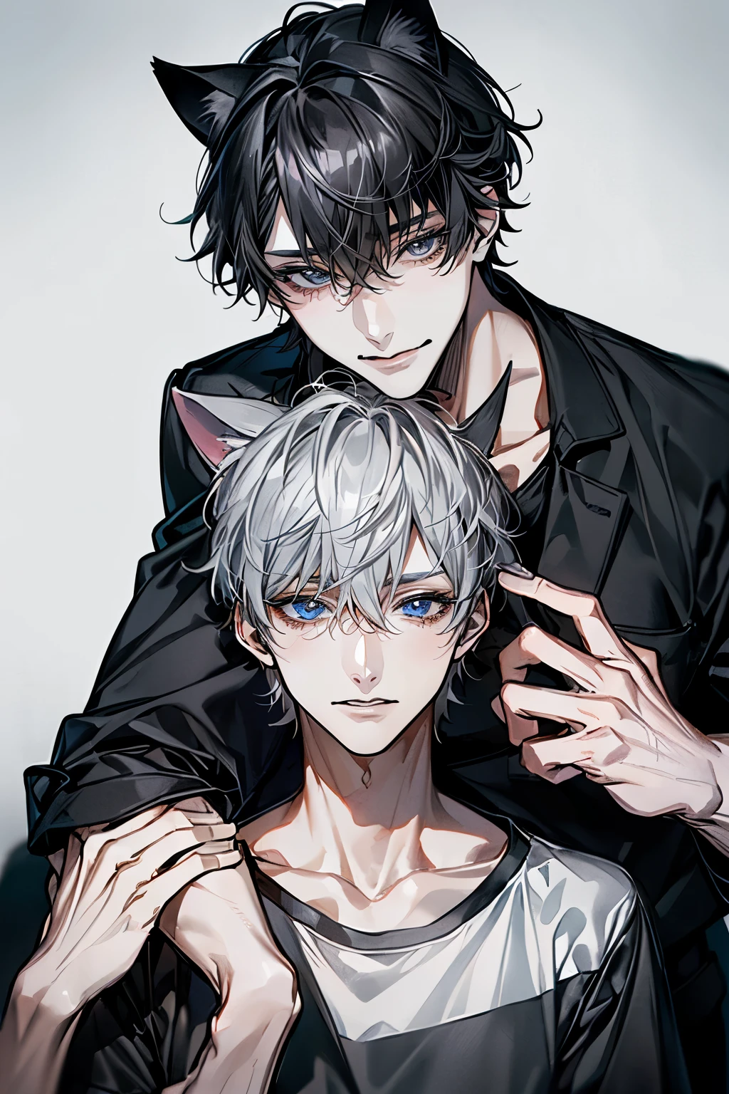 (Mastepiece), (Best Quality), Very detailed, ((Two Men:1.5)), Perfect Face, Beautiful Face, Very detailedな顔,(Black-haired man:1.3),(Grey-haired man:1.3)、Cat ear、first round、T-Shirts