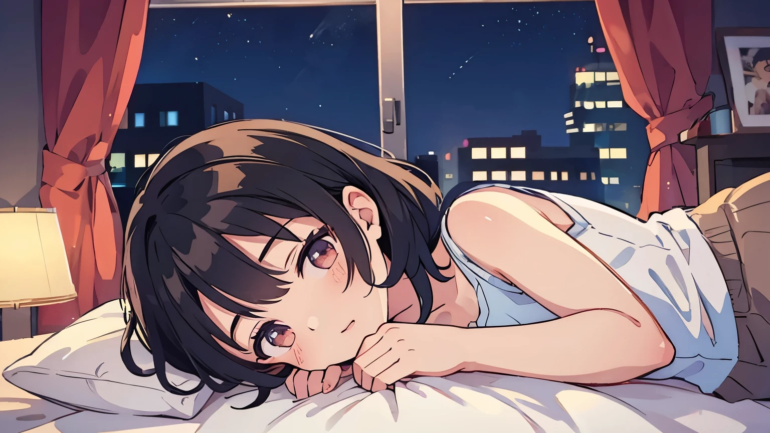 masterpiece, best quality, extremely detailed, anime, girl,Casual Clothing,night,room,look up,bed,Cheerful,black hair,medium hair,from side