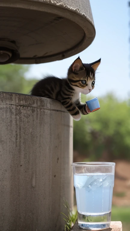 A little cute kitten is standing up and grabing a water tank with both hands and drinks water,Side view,