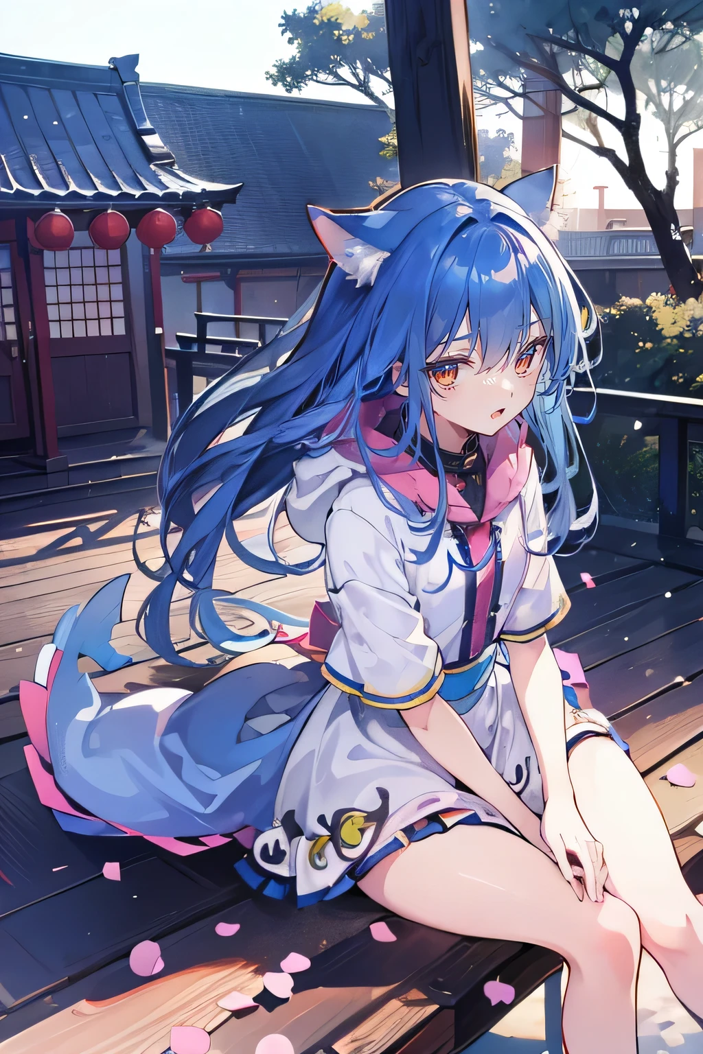 (masterpiece:1.2),Super detailed,lifelike,Expressive eyes,fair skin,perfect face shape,1 girl,
Japanese comics,Gorgeous blue hair,flowing blue hair,flowing clothes,Cat ears,Petals fall,beautiful lola,Baby Angel,sunrise,
Shaking head with one hand,Cross your legs,Gentle and peaceful background,The pavilion is cool and comfortable,smile, wearing hoodie, background of tokyo,back views,snowing, winter.