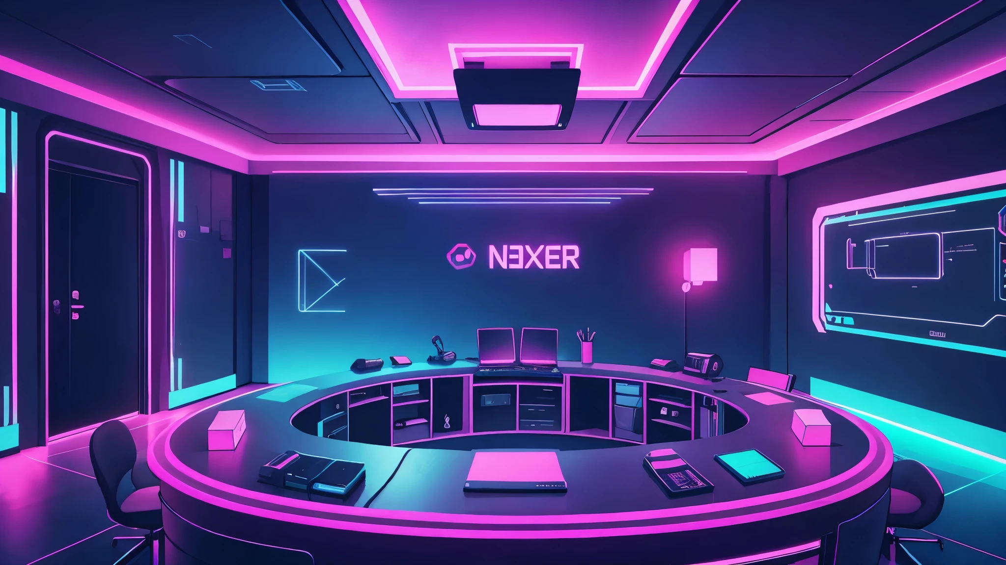 background, room, vtuber room, hacker, neon, interior, streamer room, front desk