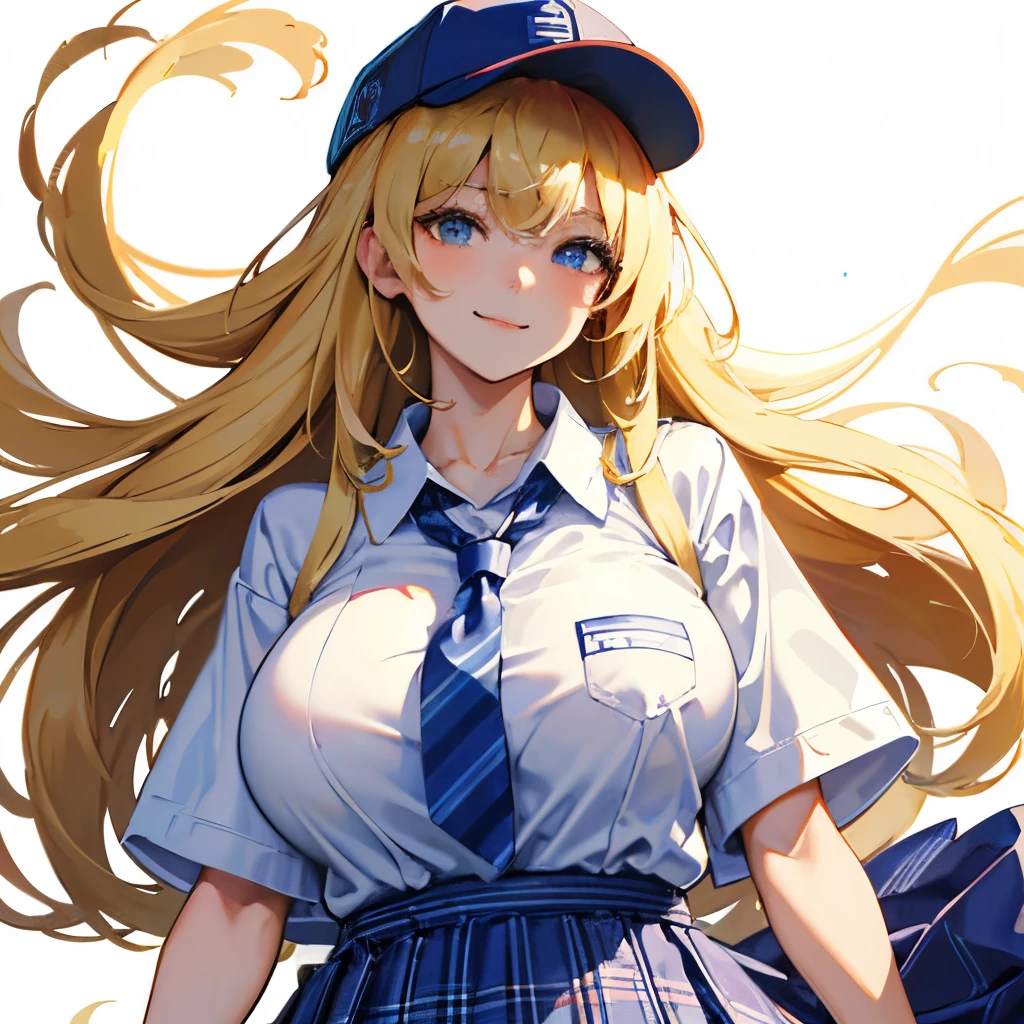 masterpiece, best quality, 8k, complete anatomy, Japanese female, blonde hair, (big breasts:1.4), high-school uniform, white short sleeve shirt, blue striped tie, navy plaid skirt, baseball cap, shy-smile