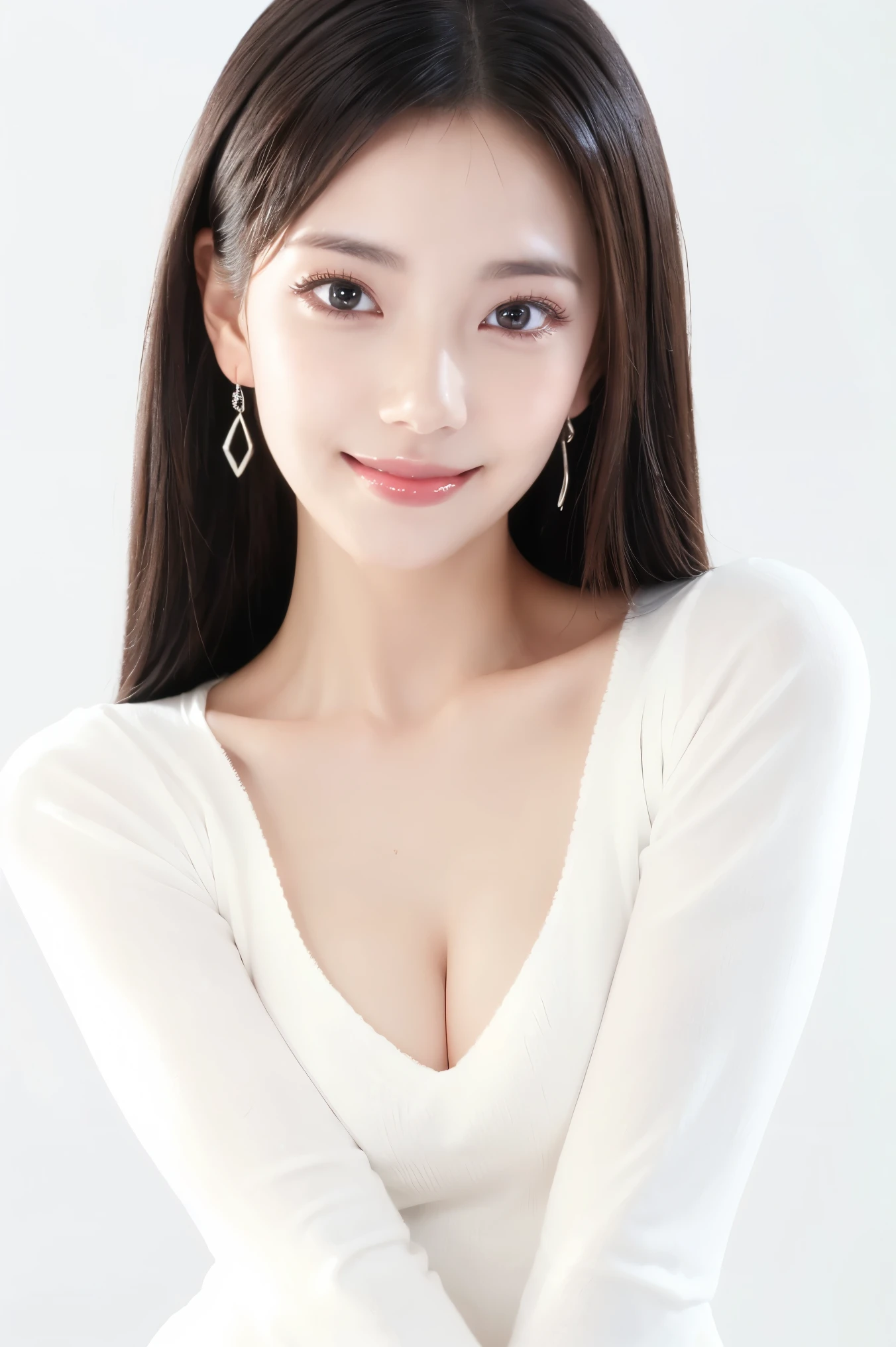 (highest quality、Tabletop、8k、Best image quality、Award-winning works)、Cute beauty、Straight medium hair、(alone:1.2)、(White fitted V-neck long sleeve knit:1.2)、(Close-fitting V-neck long-sleeve knit:1.1)、(The simplest pure white background:1.6)、(Perfectly fixed in front:1.1)、(Face close-up:1.2)、(Facing forward:1.1)、(Very large breasts:1.3)、(Accentuate your body lines:1.2)、(Perfect female frontal portrait with proper margins:1.2)、Beautiful and exquisite、Look at me and smile、(Upright photo from the chest up:1.1)、(Perfect Makeup:1.1)、Bright lipstick、Ultra-high definition beauty face、Ultra HD Hair、Ultra HD Shining Eyes、Ultra High Resolution Perfect Teeth、Super high quality glossy lip、Accurate anatomy、Very beautiful skin、(Pure white skin shining in ultra-high resolution:1.2)、An elegant upright posture when viewed from the front、(Very bright:1.3)