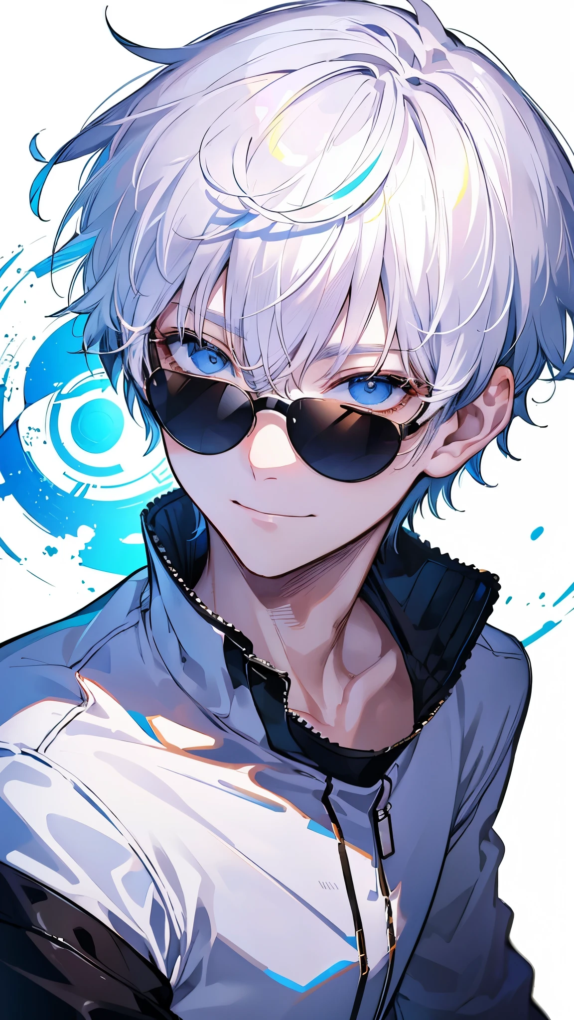 gojou satoru, solo, looking at viewer, smile, short hair, bangs, blue eyes, simple background, long sleeves, 1boy, white background, hair between eyes, closed mouth, jacket, upper body, white hair, male focus, pants, hand up, black jacket, eyelashes, sunglasses, high collar, colored eyelashes, round eyewear