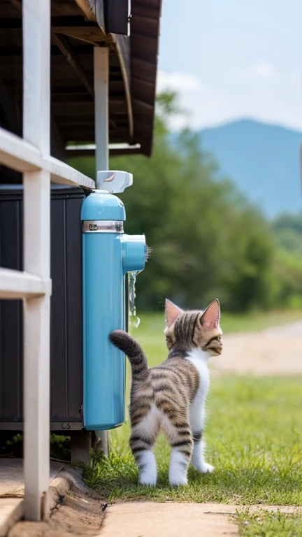 A little pretty cute kitten is standing up and grabing a water tank with both hands and drinks water,Side view,