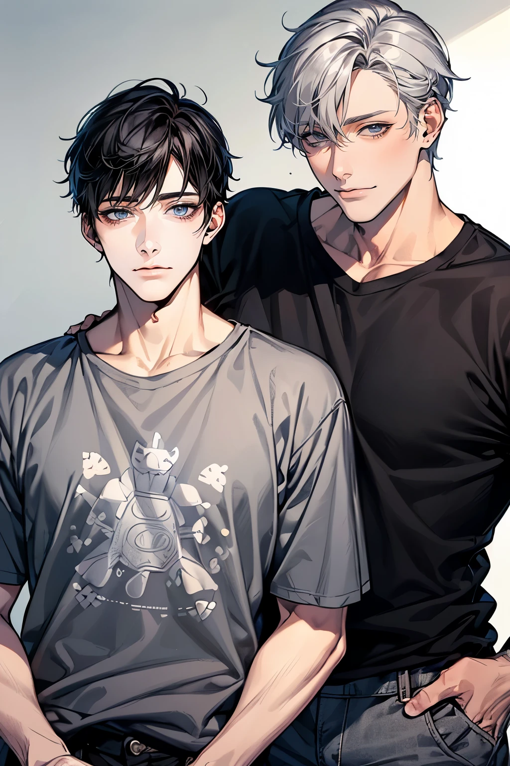 (Mastepiece), (Best Quality), Very detailed, ((Two Men:1.5)), Perfect Face, Beautiful Face, Very detailedな顔,(Black-haired man:1.3),(Grey-haired man:1.3)、Cat ear、first round、T-Shirts、Cat's Tail