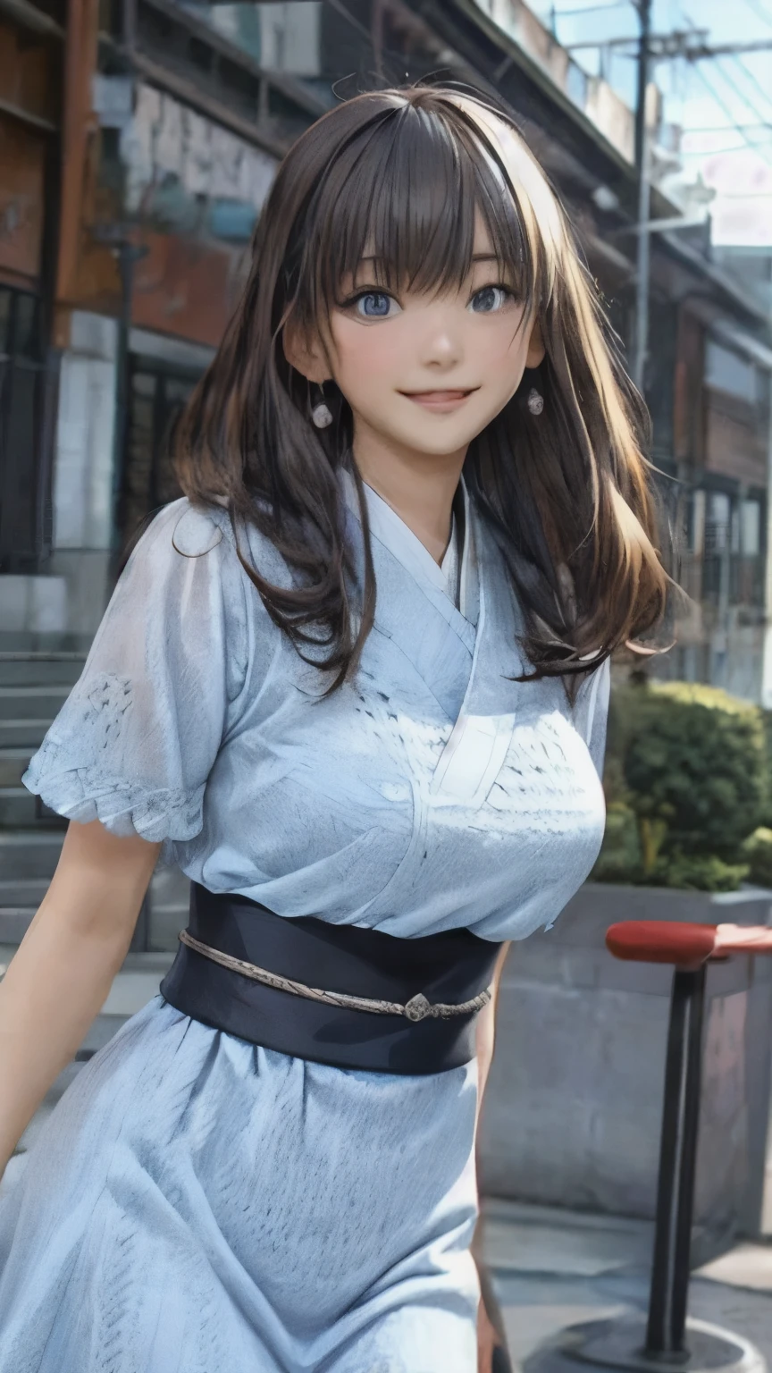 Tabletop, highest quality, finely, High resolution, 8k wallpaper, Perfect dynamic composition, 、 美しい日本の女性finelyて美しい目, Long Hair, Big and ample breasts, Knit Dress Seini、Cute Smile、Open your mouth、street、23 years old、(Droopy Eyes 1.1)