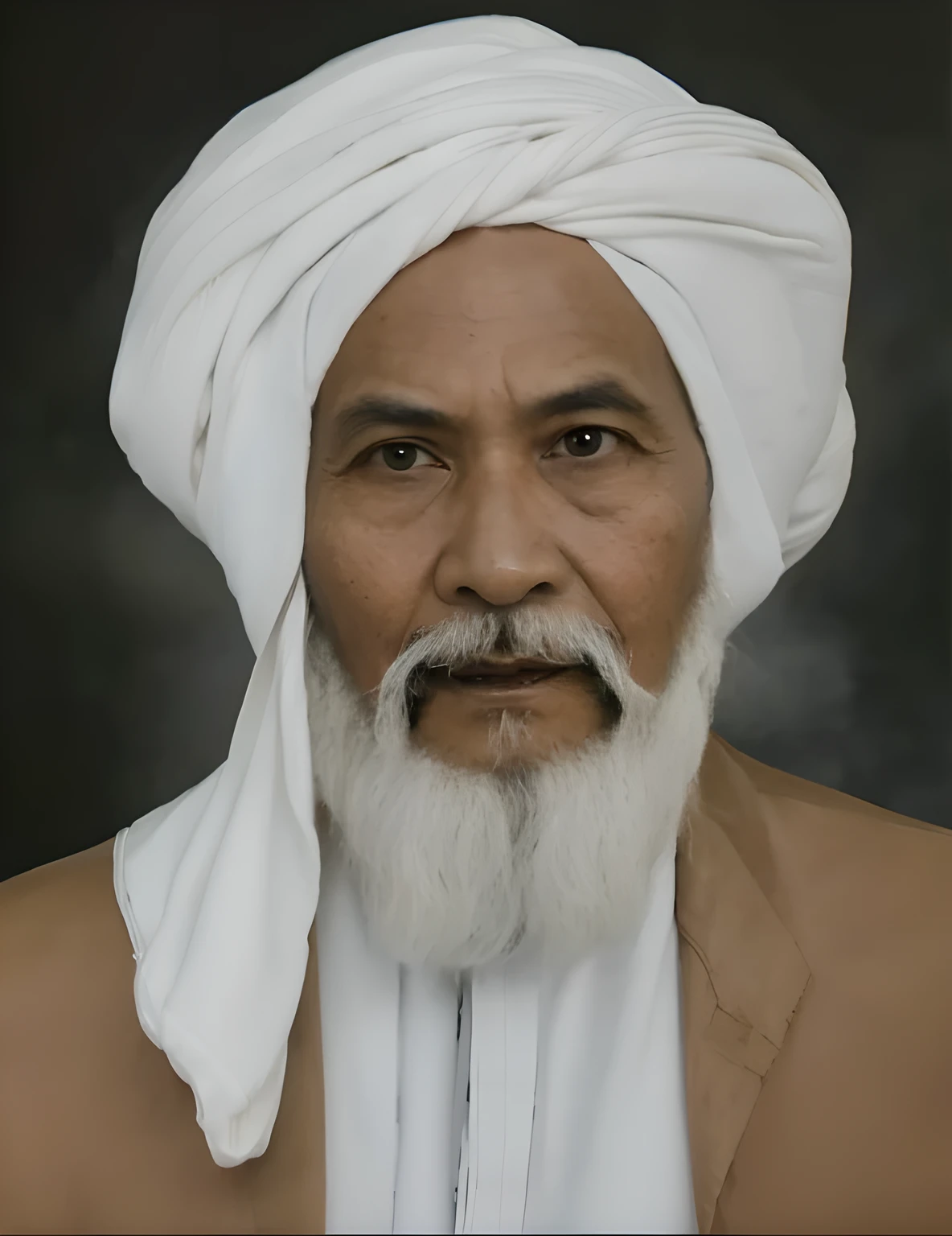 55-year-old Indonesian man wearing a white Muslim turban and a good cream robe, clear, ultra realistic smudge.32k