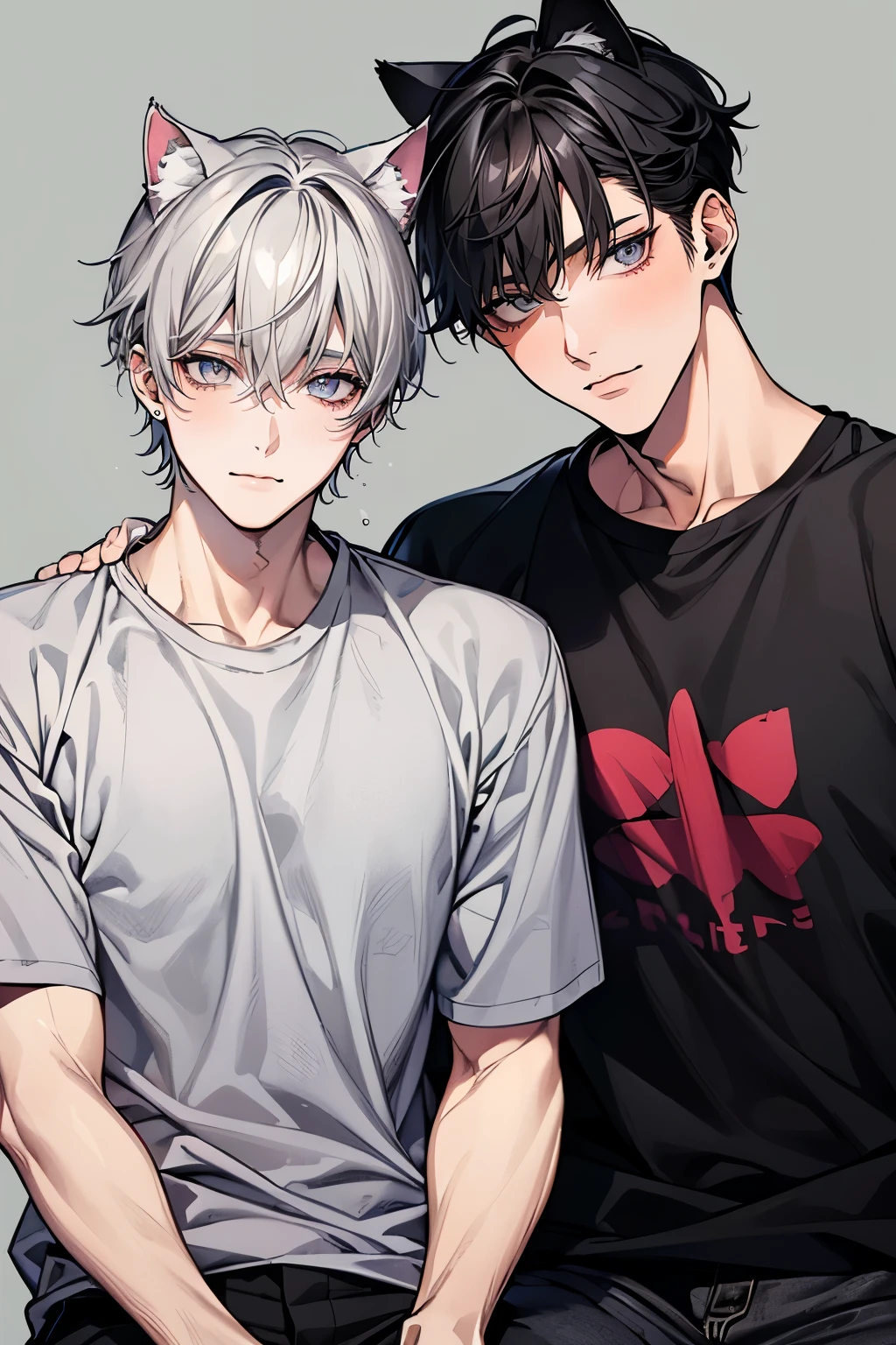 (Mastepiece), (Best Quality), Very detailed, ((Two Men:1.5)), Perfect Face, Beautiful Face, Very detailedな顔,(Black-haired man:1.3),(Grey-haired man:1.3)、Cat ear、first round、T-Shirts、Cat's Tail