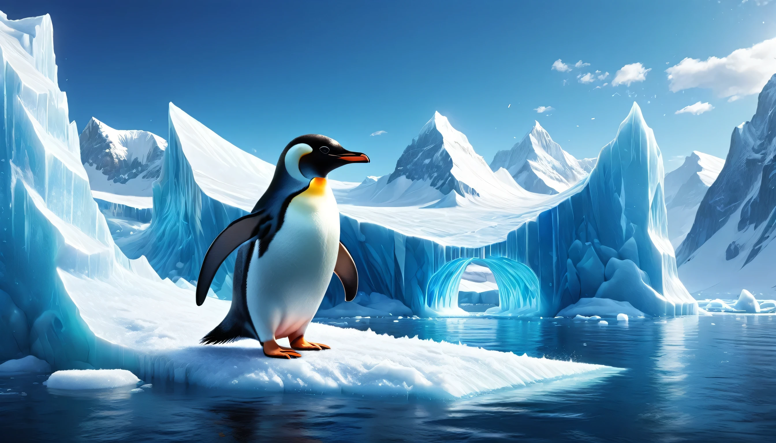 Create a vibrant and detailed illustration of a natural habitat background for a penguin. The scene should be set in an Antarctic landscape, showcasing the beauty of the icy environment. Include the following elements:
Snow-Covered Mountains: Majestic, snow-capped peaks in the background, towering over the scene.
Glaciers and Icebergs: Large glaciers and floating icebergs scattered across a deep blue sea.