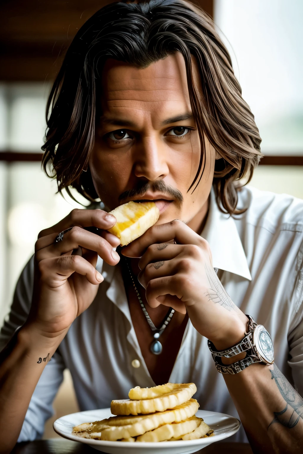 Masterpiece, Johnny Depp , full body from face to legs , eating fried banana with his hand , Rough Face, Natural Skin, High Quality, Beautiful Eyes, (Detailed Face and Eyes), (Face :1 2), real photo, light film photography, sharp focus, detailed skin, high resolution 8k, crazy detail, realistic, professional photography, 8k UHD, DSLR, soft light ,