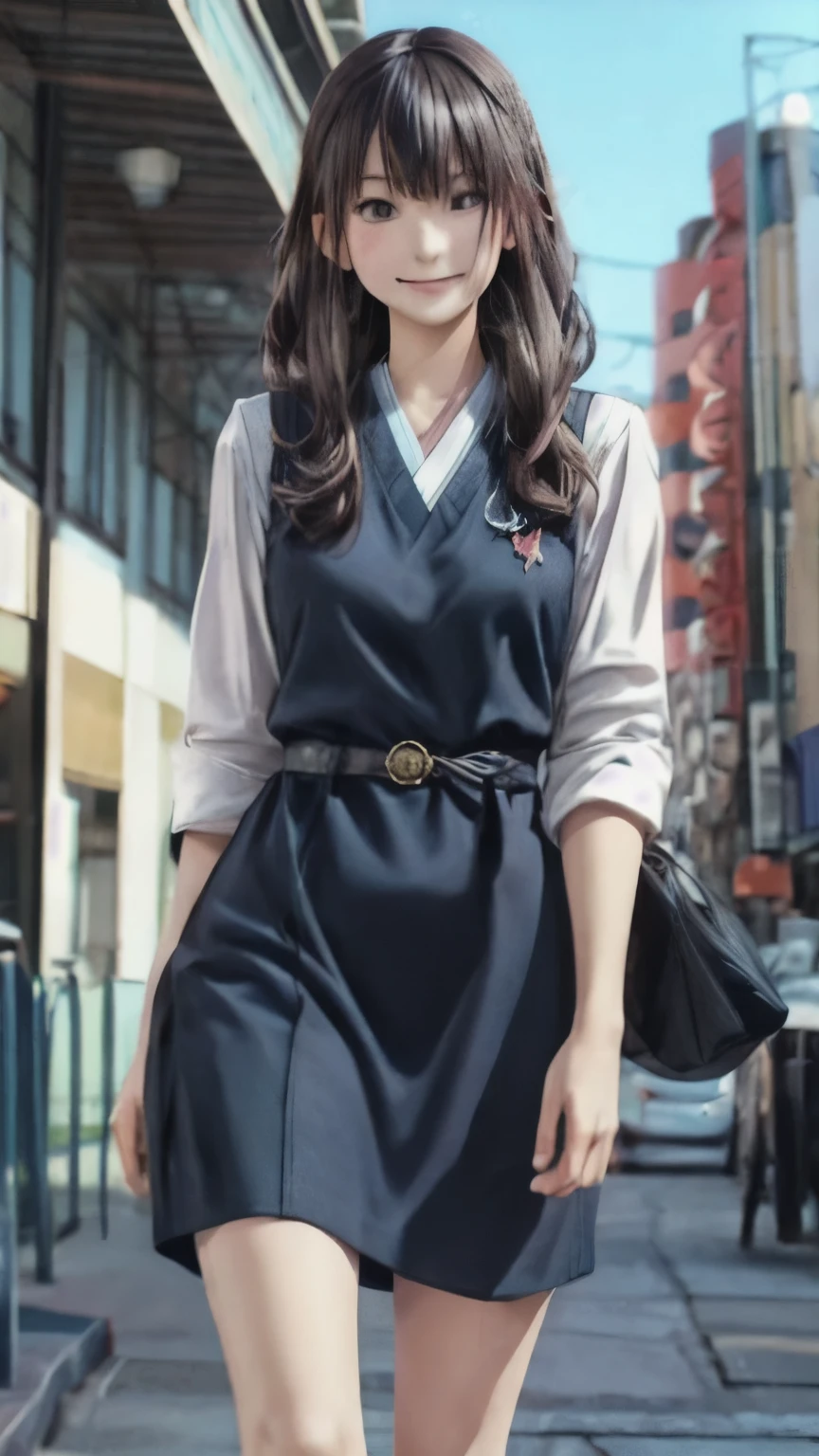 Tabletop, highest quality, finely, High resolution, 8k wallpaper, Perfect dynamic composition, 、 美しい日本の女性finelyて美しい目, Long Hair, Big and ample breasts, Knit Dress Seini、Cute Smile、Open your mouth、street、23 years old、(Droopy Eyes 1.1)
