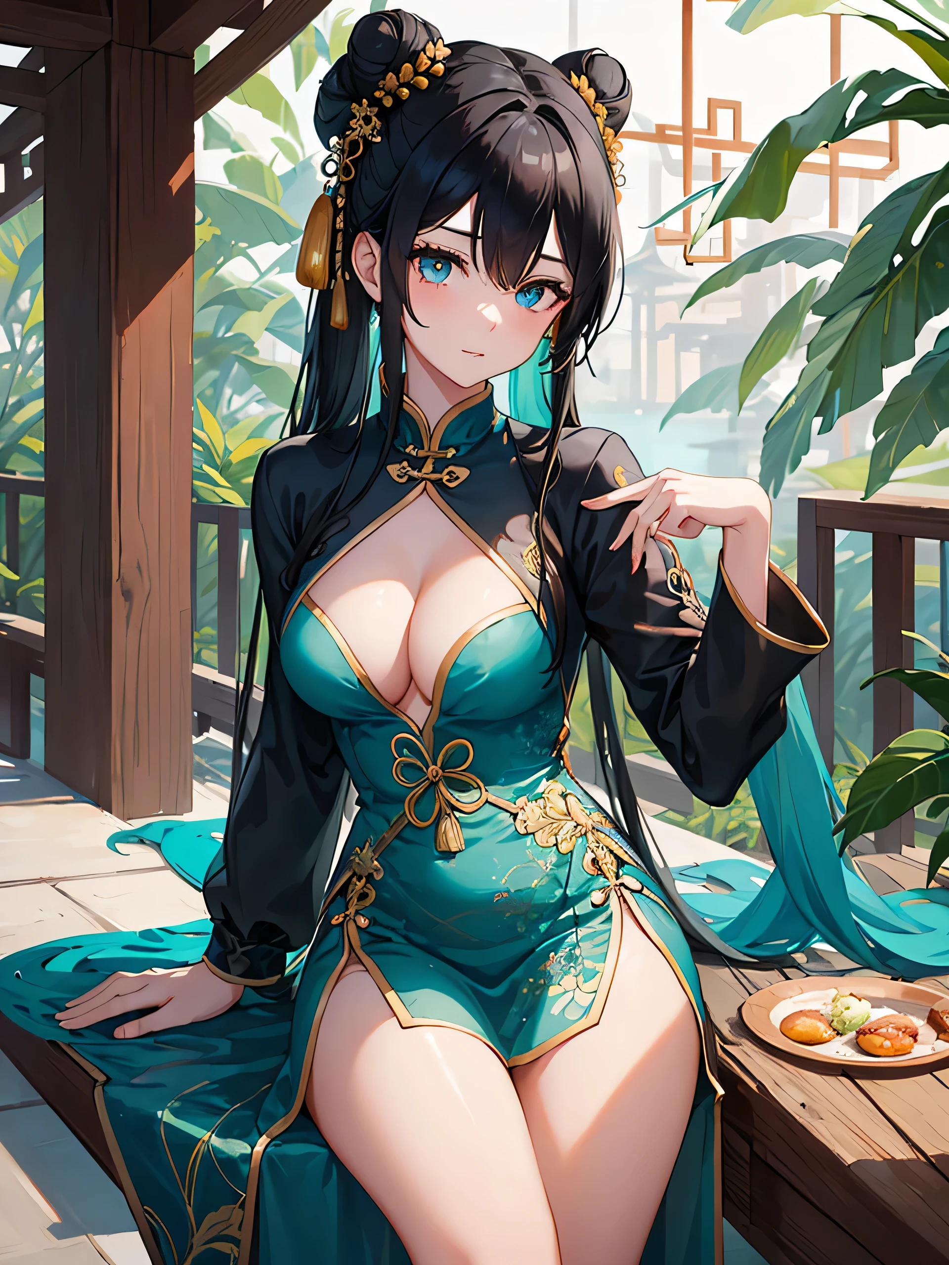 a young woman with long black hair tied in a pair of chinese buns and aqua eyes wearing blue chinese qipao with opened cleavage