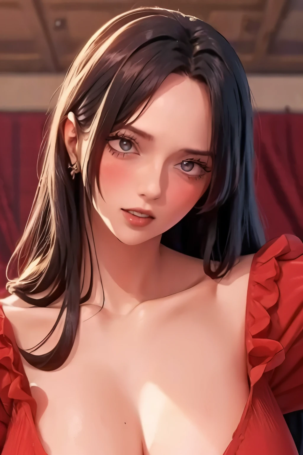 (masterpiece),(best quality:1.0), (ultra highres:1.0), detailed illustration, 8k, anime, 1girl, beautiful anime girl, wearing a red dress, flower crown, pretty face, detailed face, beautiful eyes, detailed eyes, dark red eyes, bright red lips, red lipstick, beautiful stylish hair, highlights in hair, bangs anime style, best quality, vibrant