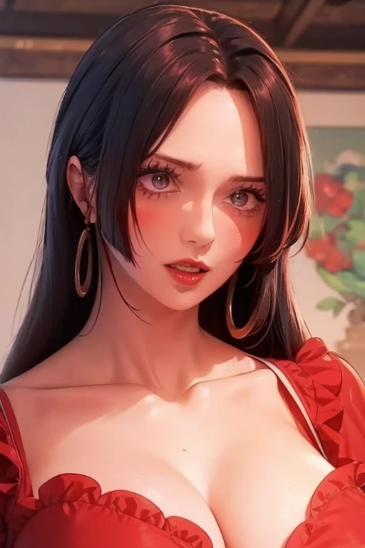 (masterpiece),(best quality:1.0), (ultra highres:1.0), detailed illustration, 8k, anime, 1girl, beautiful anime girl, wearing a red dress, flower crown, pretty face, detailed face, beautiful eyes, detailed eyes, dark red eyes, bright red lips, red lipstick, beautiful stylish hair, highlights in hair, bangs anime style, best quality, vibrant