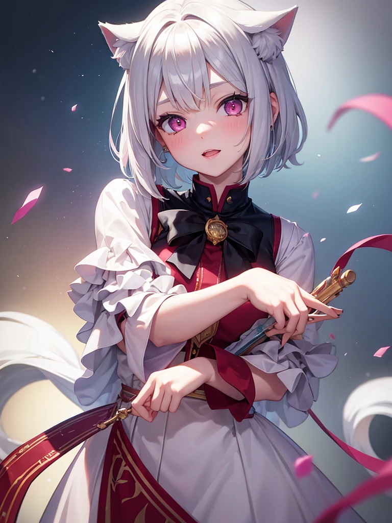 White hair. Short hair. Inner pink hair. Anime girl. Asian girl. Ulzzang. Pink eyes. Glowing eyes. Nekomimi.