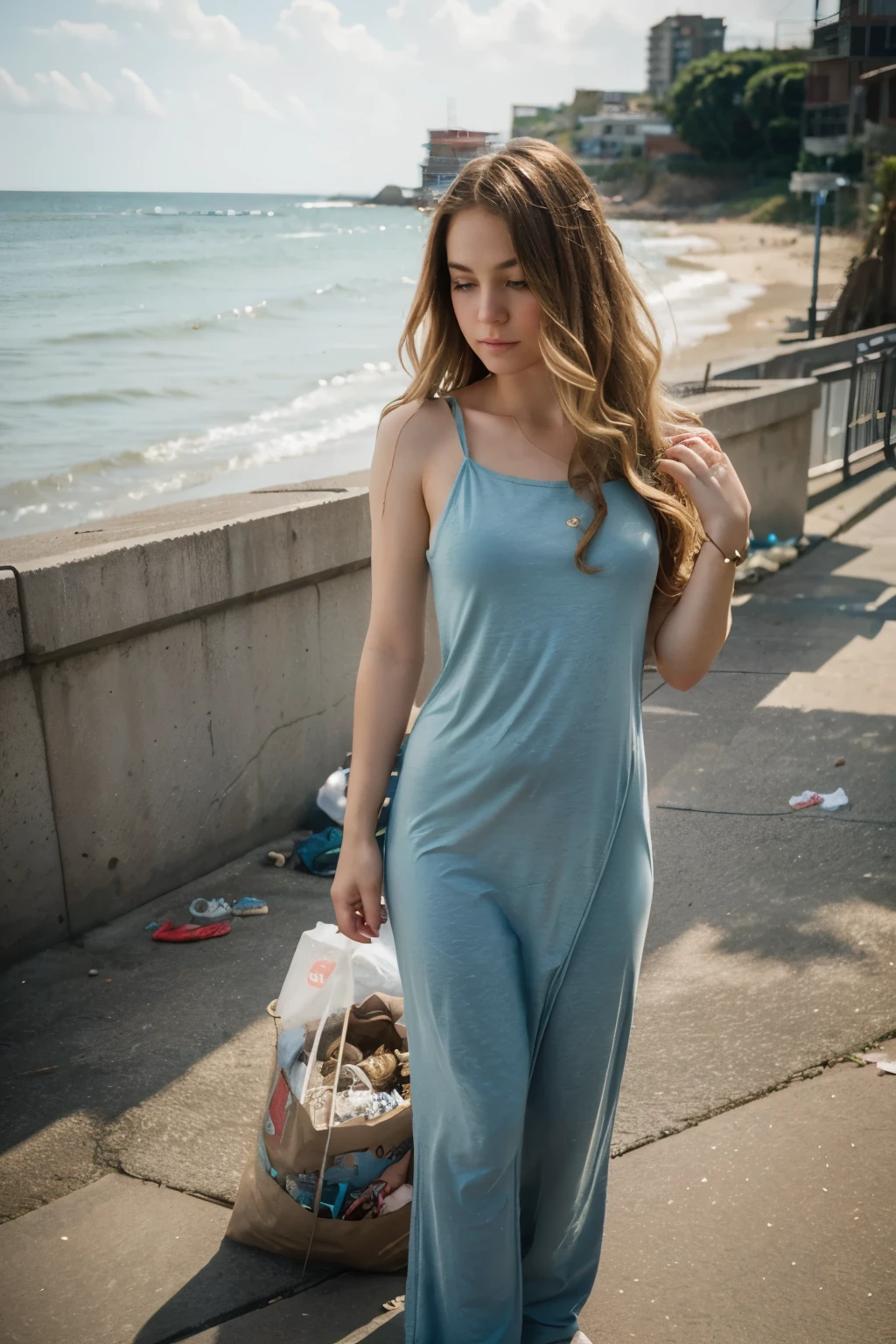 （American comic style), 1 Girl，blond、Mermaid tail、hair tangled in garbage, Background on the seaside, looking at a boy, Slender figure、Simple casual outfit with brown curly hair