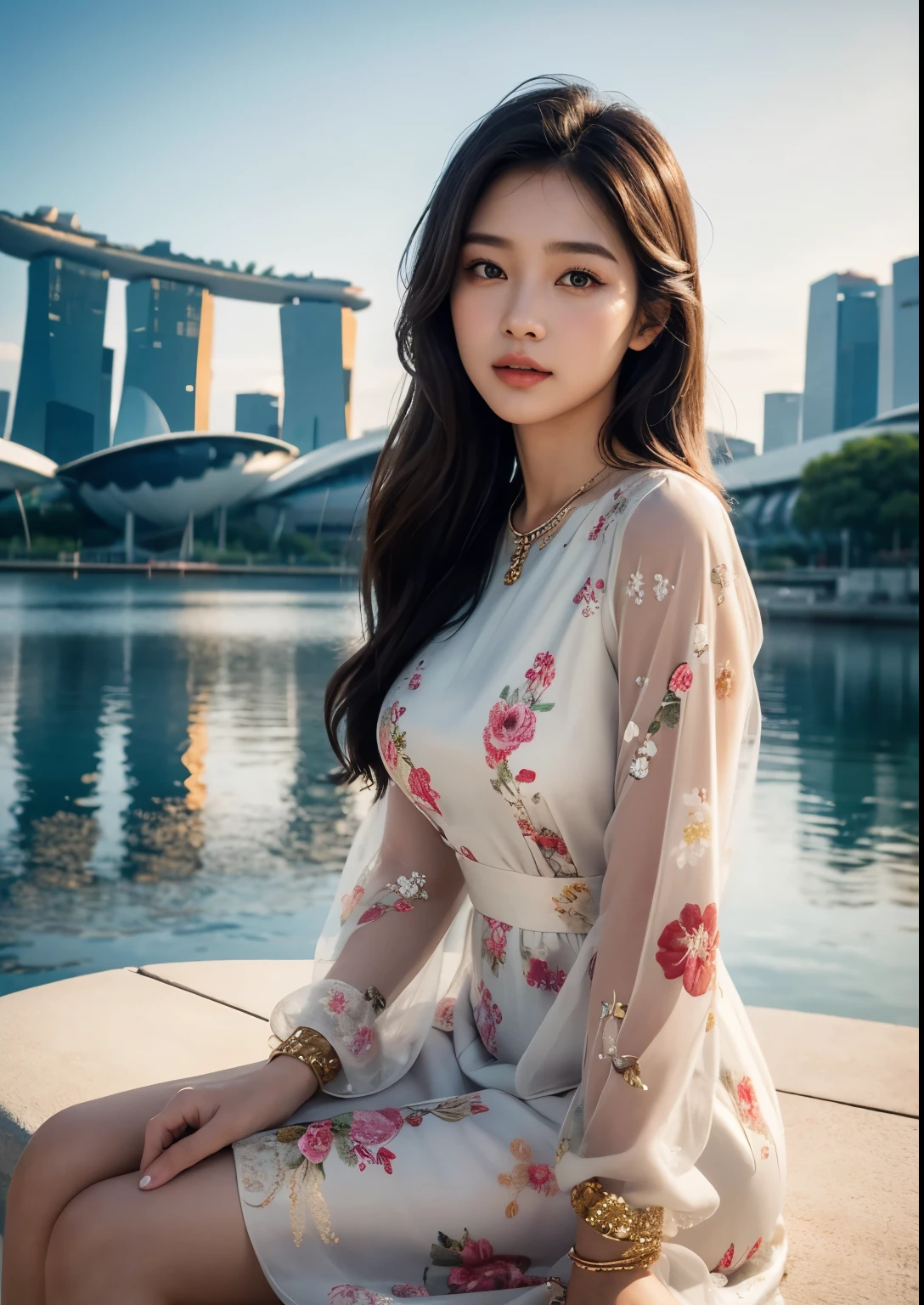 1girl, beautiful detailed eyes, beautiful detailed lips, extremely detailed face and skin, long silky hair, asian girl, beautiful korean girl, sitting outdoors, sitting in front of Marina Bay Sands hotel, Singapore, wearing beautiful floral dress, elegant dress, sunlight, golden hour lighting, cinematic lighting, intricate details, photorealistic, best quality, 8k, highres, masterpiece, digital painting, concept art, vibrant colors, warm color palette