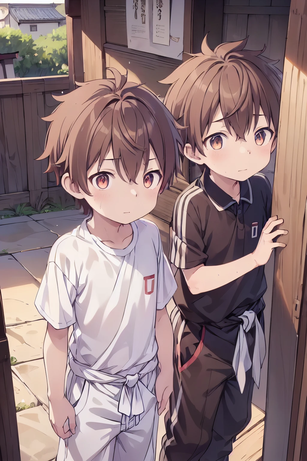 2boys, aoi, masterpiece, ultra detail, male focus, soccer shirt, adorable captivating, light brown hair , red eyes , white albine skin, japanese style, steam smork, japan style, anime coloring, shy, home muji style, detailed face, white towel on waist,white silk, outdoor, sweat, 