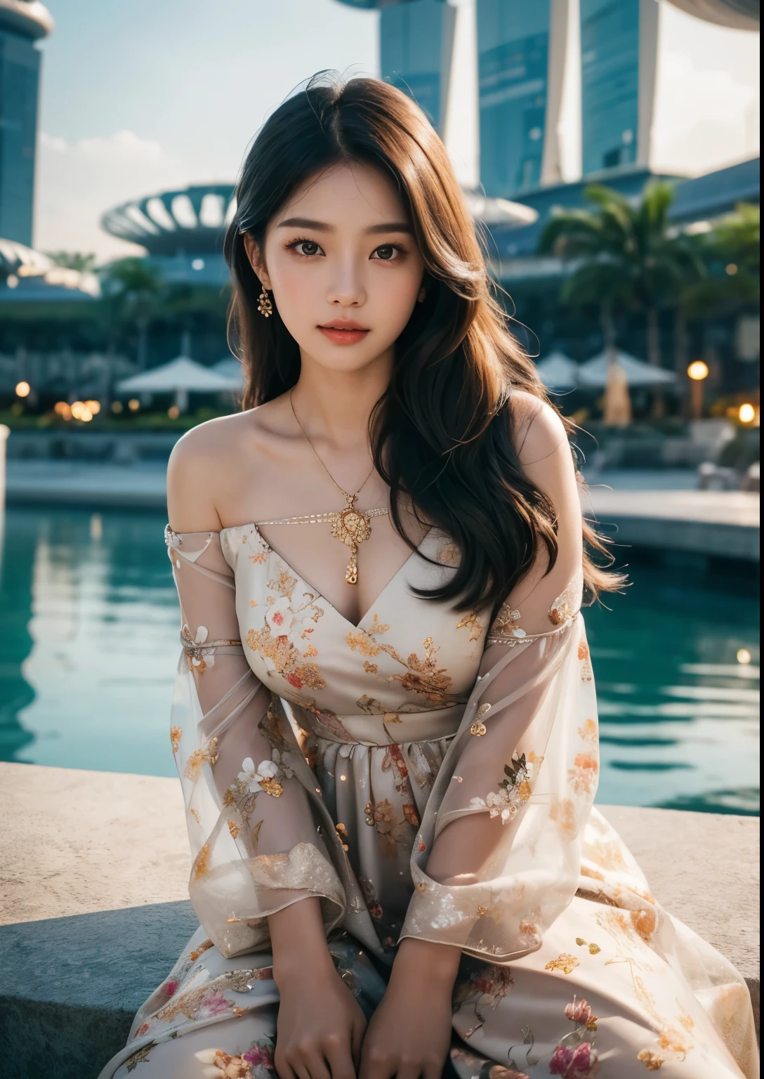 1girl, beautiful detailed eyes, beautiful detailed lips, extremely detailed face and skin, long silky hair, asian girl, beautiful korean girl, sitting outdoors, sitting in front of Marina Bay Sands hotel, Singapore, wearing beautiful floral dress, elegant dress, sunlight, golden hour lighting, cinematic lighting, intricate details, photorealistic, best quality, 8k, highres, masterpiece, digital painting, concept art, vibrant colors, warm color palette