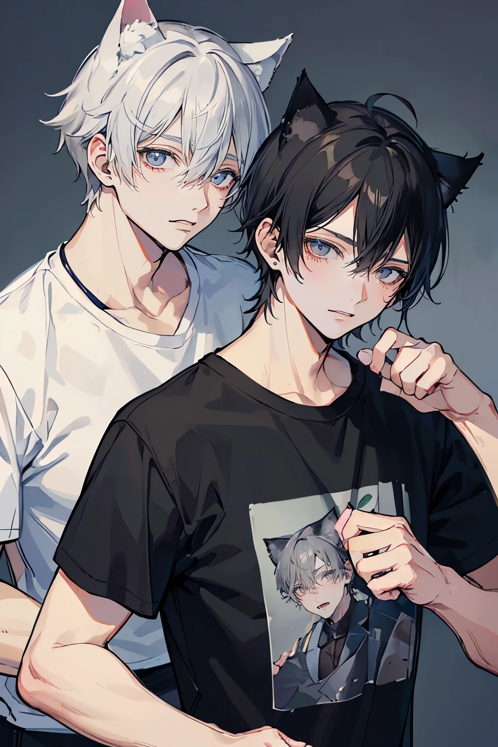 (Mastepiece), (Best Quality), Very detailed, ((Two Men:1.5)), Perfect Face, Beautiful Face, Very detailedな顔,(Black-haired man:1.3),(Grey-haired man:1.3)、Cat ear、first round、T-Shirts、Cat's Tail