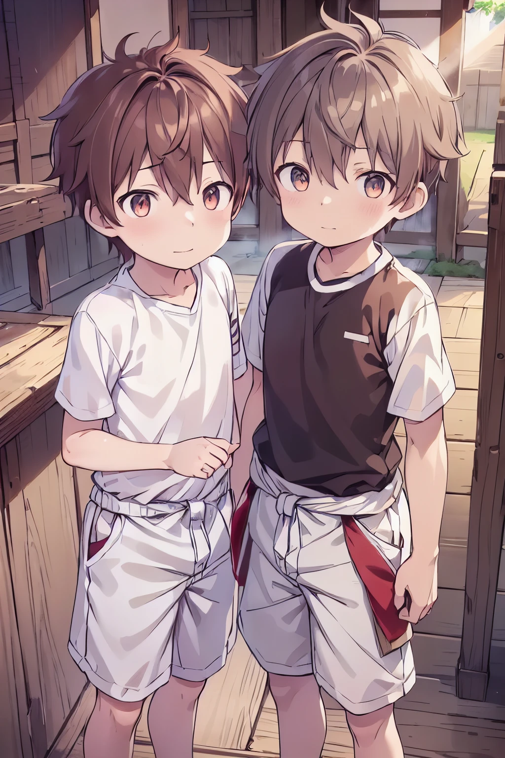 2boys, aoi, masterpiece, ultra detail, male focus, soccer shirt, adorable captivating, light brown hair , red eyes , white albine skin, japanese style, steam smork, japan style, anime coloring, shy, home muji style, detailed face, white towel on waist,white silk, outdoor, sweat, 