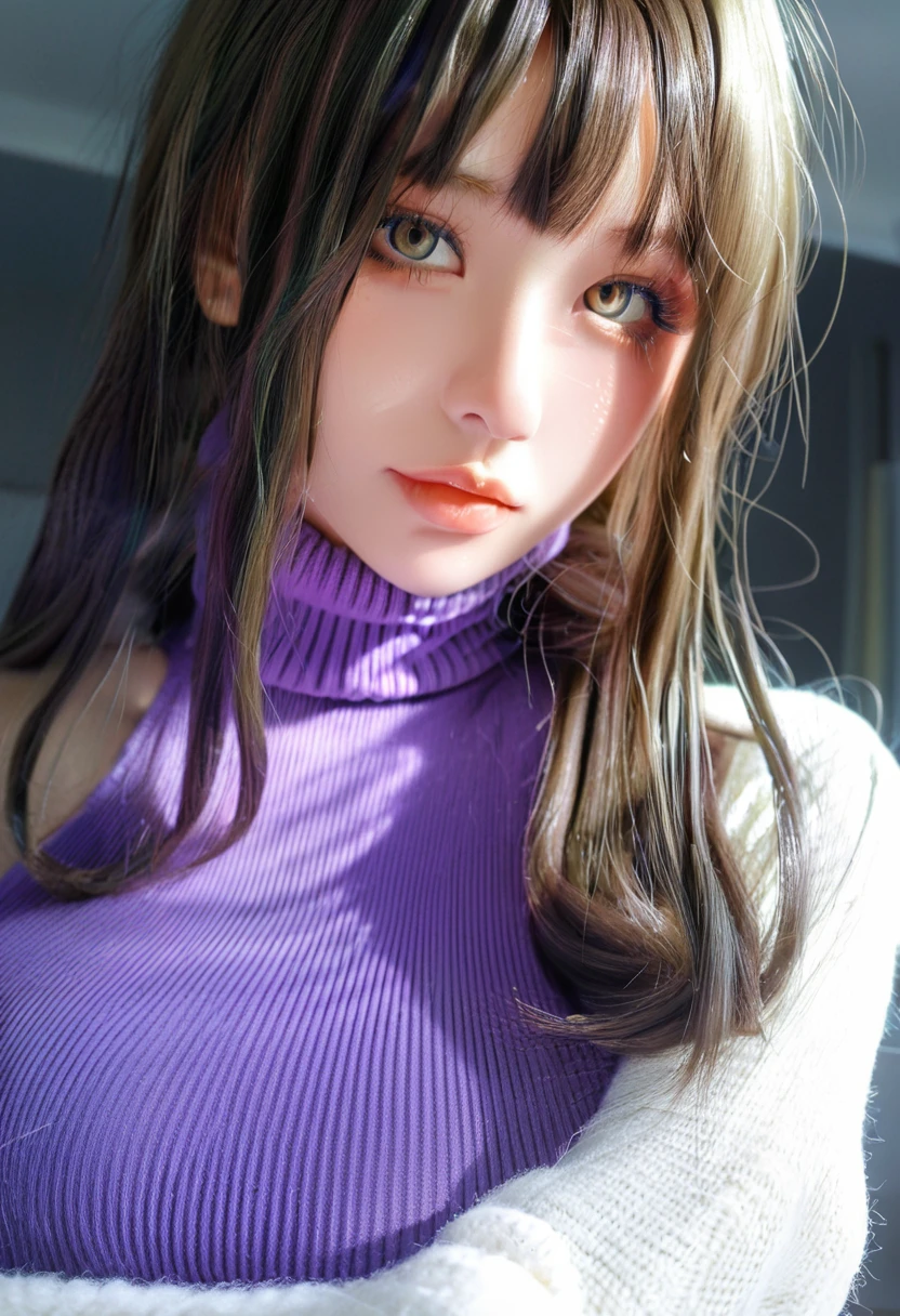 (highest quality, 8k, 4k, High resolution, masterpiece:1.2), Super detailed, beautiful illustrations, Vivid color, Lens flare, natural light, one person, woman, beautiful face details, beautiful eyes, long eyelashes, soft lips, (small face), (Purple hair:1.6, long hair, Brown eyes), perfect face, shiny skin, (beautiful breasts), open your mouth and laugh:1.2, (turtleneck knit:1.2, No sleeve, pants style), (shifting gaze, color々I&#39;m interested in something, light steps), bustling street, Strolling around, Light and shadow with attention to detail, background bokeh.