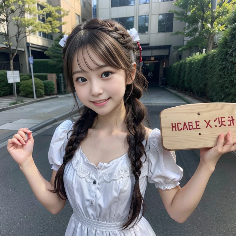photo realistic, a Japanese pretty girl is holding a board with 1500 written on it, , pretty face, happy, smile, double teeth, eye contact, 14-year-old, double braid, small breasts, flat chest, wearing a  pretty dress with many frills and laces, 