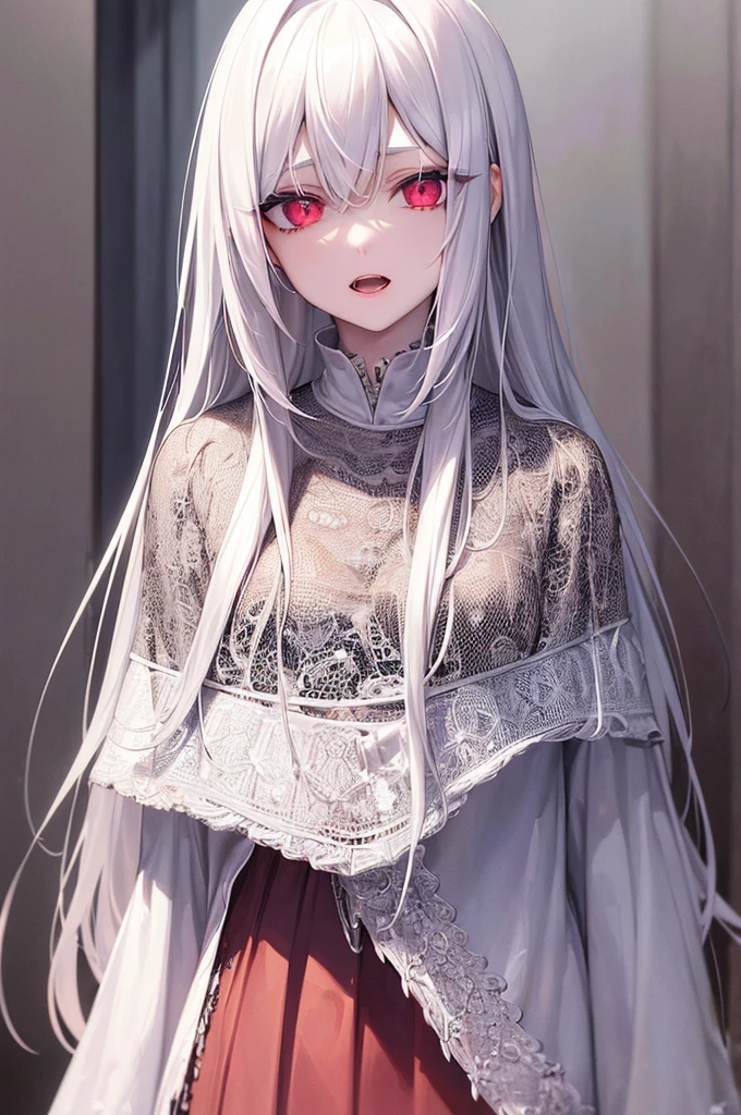 (Uhd, Masterpiece, Textured Skin, Super Detail, High Details, High Quality, Best Quality), 1Girl, Pale skin, deep red eyes, ((tattered clothes, frayed clothes)), (white clothes), long white hair, pale hair, (Vampire Queen), (Look talking to you)

[Face Prompt:(masterpiece:1.2), best quality, (Extremely detailed eyes:1.4), (highly detailed eyes:1.6), highly detailed eyes, (Calm look, Talking to you look:1.5), (Red eyes), Look talking to you]

[Mouth Prompt: (Open mouth), cute fangs, open mouth