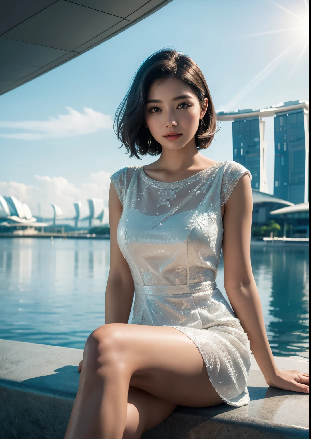 1girl, sitting in front of Marina Bay Sands Hotel, Singapore, beautiful detailed eyes, beautiful detailed lips, extremely detailed face, long eyelashes, cute, sweet, above knee length dress, sunlight, cinematic lighting, vibrant colors, highly detailed, photorealistic, 8k, best quality, masterpiece