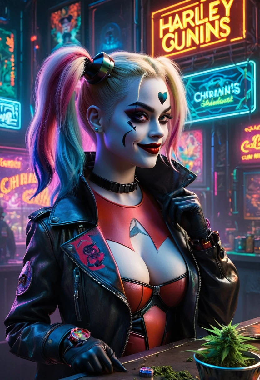 Create a ((top-notch quality)), ((masterwork)), ((true-to-life)),digital rendering that features the iconic character Harley Quinn from DC with cat in a captivating cyberpunk setting. Illustrate her enjoying cannabis goodness while seamlessly incorporating elements of the cyberpunk, cannabis-inspired, DMT, Artegem, and chiaroscuro styles. Employ Louis Wain's artistic vision to construct the environment. Pay meticulous attention to high levels of detail and vibrant colors, infusing the composition with the essence of cyberpunk aesthetics. Include cannabis-inspired and DMT elements to create an ethe, Chiaroscuro, 4K, 4K, 1080P