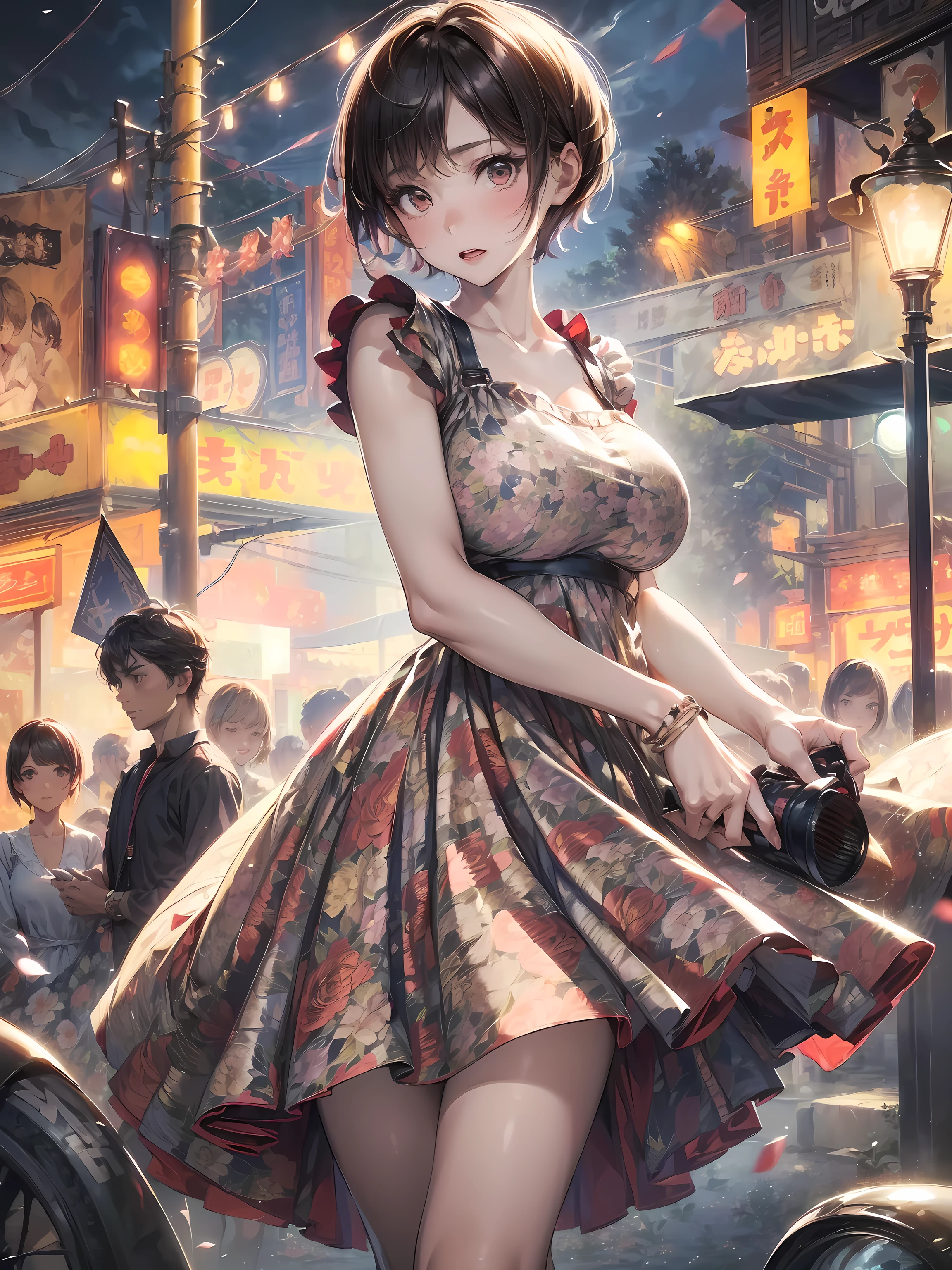 best quality, 1 Girl, (Skin dentition), (Huge breasts:1.2), (Blurred Background:0.6), In a crowded amusement park, (Casual yet stylish, Elegant cloth,floral dress:1.5 ), Gorgeous, (short hair:1.5), soft light, Wind, (headlight:1.5), surprise, 