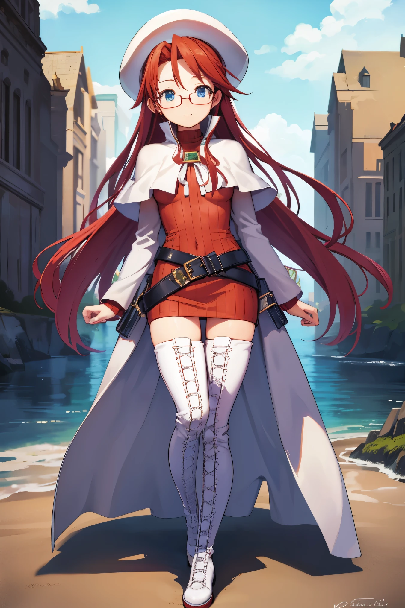 summonnightaty, aty, (young:1.3),long hair, blue eyes, red hair, large_beret, hat, glasses,
BREAK long hair, thighhighs, hat, dress, boots, glasses, belt, cape, sweater, zettai ryouiki, beret, thigh boots, white footwear, ribbed sweater, loose belt,solo,
BREAK outdoors, fantasy,on_beach
,Highquality_hads,perfect_fingers,
BREAK (masterpiece:1.2), best quality, high resolution, unity 8k wallpaper, (illustration:0.8), (beautiful detailed eyes:1.6), extremely detailed face, perfect lighting, extremely detailed CG, (perfect hands, perfect anatomy),covered_nipples,covered_navel ,half_eyes,long_sword,sleepy,standing,red_sweater,apart_knees,magical_effect,spread_legs, have_a_book,teacher,rise_knee,Smile,rise_hand,look_down_viewer,spread_arms,