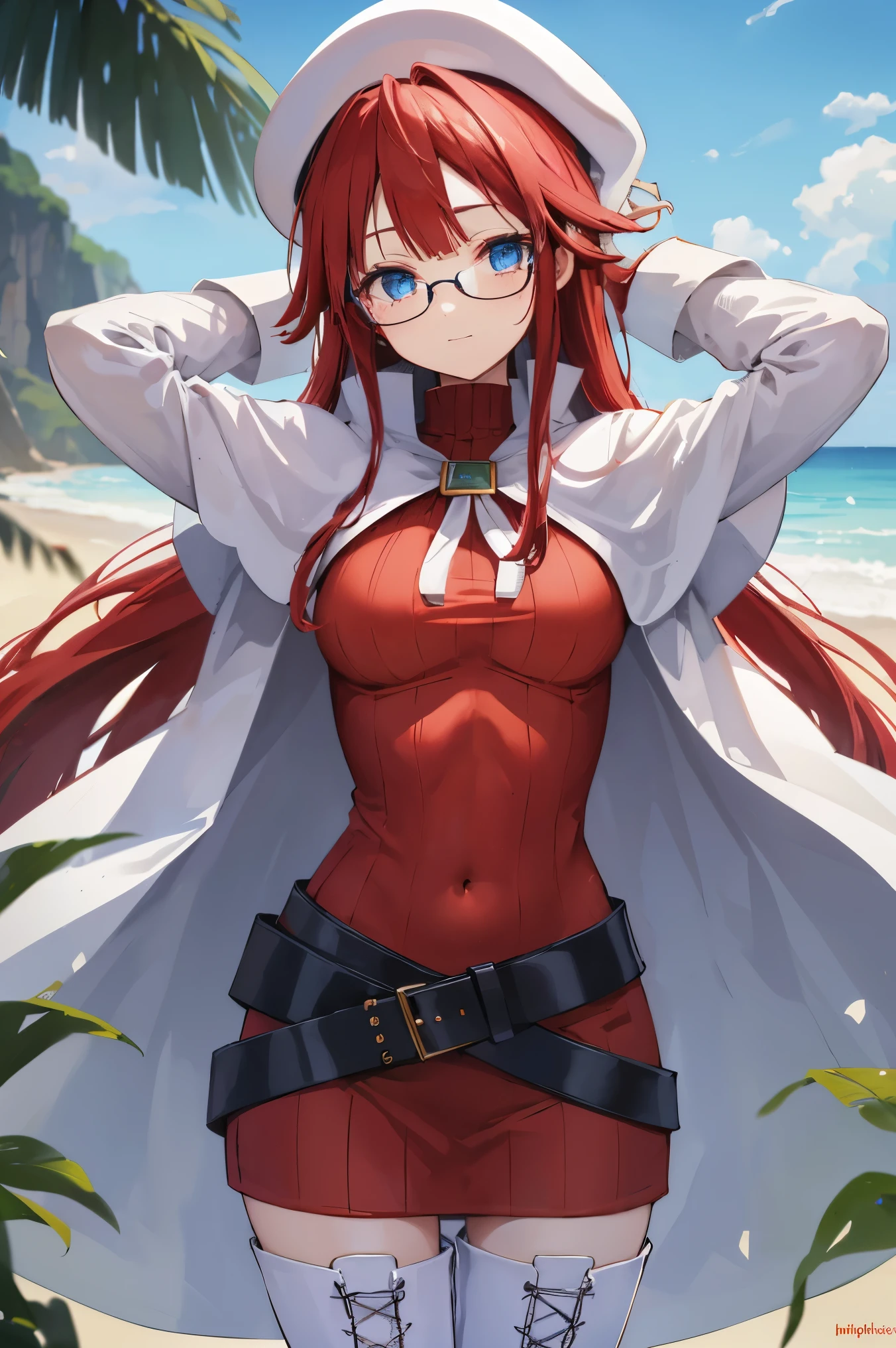 summonnightaty, aty, (young:1.3),long hair, blue eyes, red hair, large_beret, hat, glasses,
BREAK long hair, thighhighs, hat, dress, boots, glasses, belt, cape, sweater, zettai ryouiki, beret, thigh boots, white footwear, ribbed sweater, loose belt,solo,
BREAK outdoors, fantasy,on_beach
,Highquality_hads,perfect_fingers,
BREAK (masterpiece:1.2), best quality, high resolution, unity 8k wallpaper, (illustration:0.8), (beautiful detailed eyes:1.6), extremely detailed face, perfect lighting, extremely detailed CG, (perfect hands, perfect anatomy),covered_nipples,covered_navel ,half_eyes,long_sword,sleepy,standing,red_sweater,apart_knees,magical_effect,spread_legs, have_a_book,teacher,rise_knee,Smile,rise_hand,look_down_viewer,spread_arms,