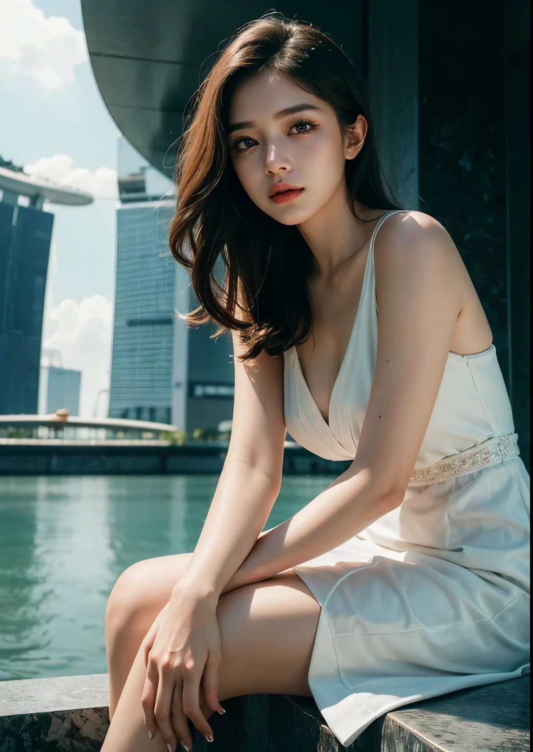 1girl, sitting in front of Marina Bay Sands Hotel, Singapore, beautiful detailed eyes, beautiful detailed lips, extremely detailed face, long eyelashes, cute, sweet, above knee length dress, sunlight, cinematic lighting, vibrant colors, highly detailed, photorealistic, 8k, best quality, masterpiece
