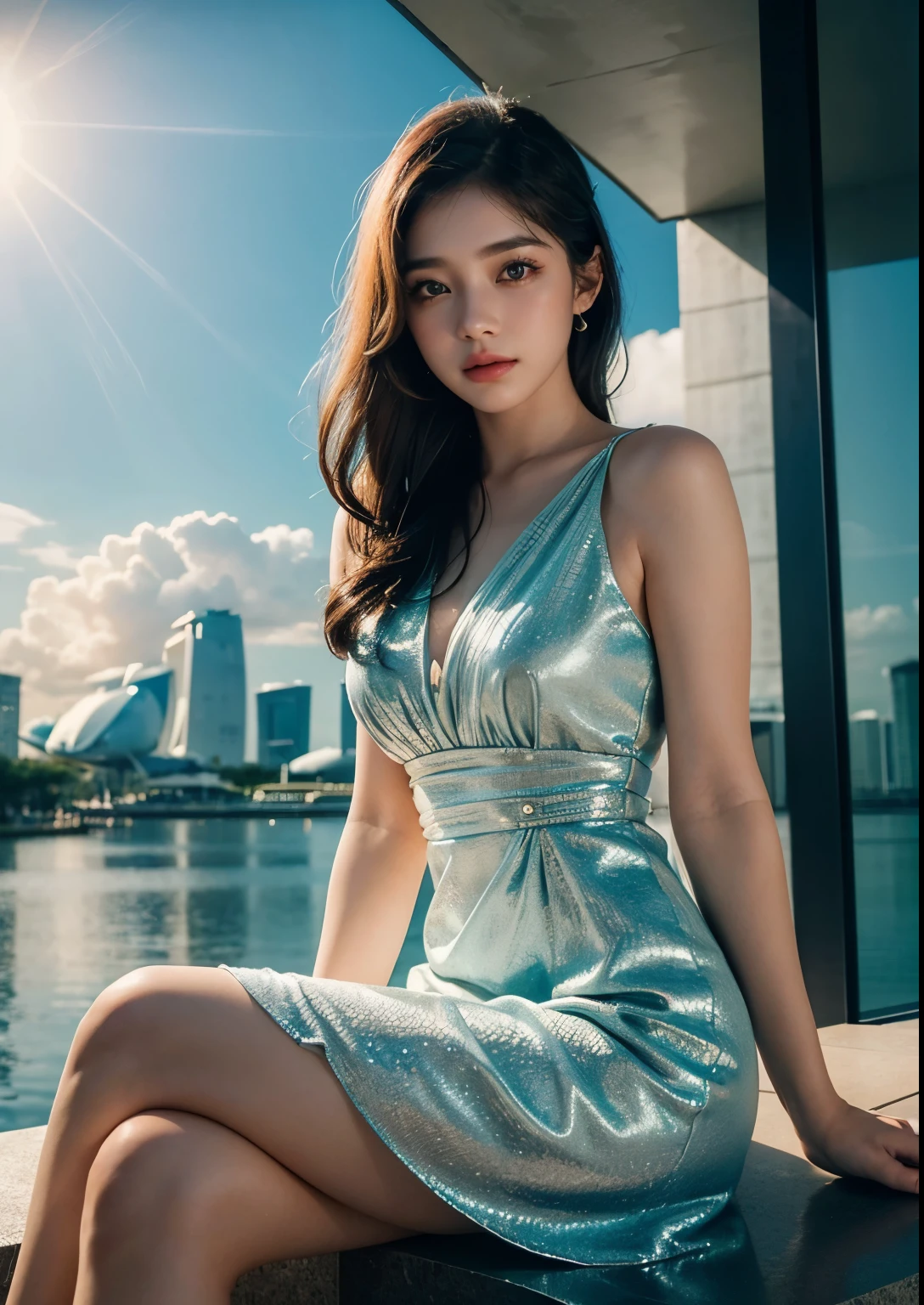 1girl, sitting in front of Marina Bay Sands Hotel, Singapore, beautiful detailed eyes, beautiful detailed lips, extremely detailed face, long eyelashes, cute, sweet, above knee length dress, sunlight, cinematic lighting, vibrant colors, highly detailed, photorealistic, 8k, best quality, masterpiece