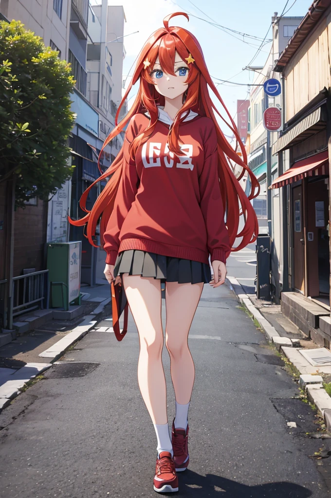 nakano itsuki, red hair, long hair, star hair ornament, ahoge, red sweater andando na rua chuvosa e molhada, Estilo de Arte, estilo anime 4K, arte oficial, capa de anime, visual anime de uma bonita, anime moe artstyle, em estilo de makoto shinkai, estilo anime. 8k, arte oficial do anime, Anime Art Wallpaper 8K
