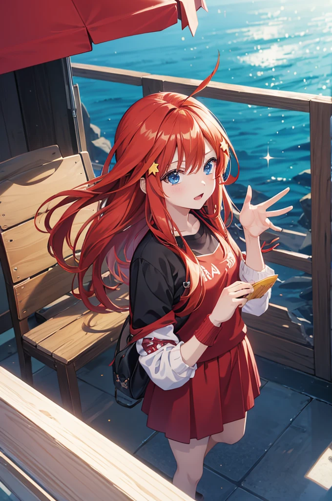 nakano itsuki, red hair, long hair, star hair ornament, ahoge, red sweater andando na rua chuvosa e molhada, Estilo de Arte, estilo anime 4K, arte oficial, capa de anime, visual anime de uma  bonita, anime moe artstyle, em estilo de makoto shinkai, estilo anime. 8k, arte oficial do anime, Anime Art Wallpaper 8K