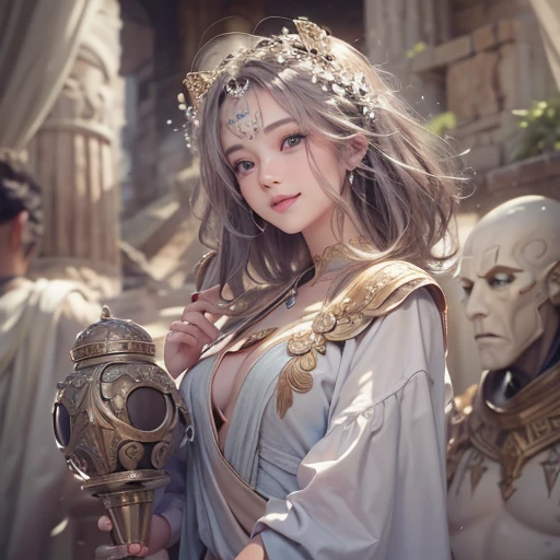 Hiding in the tomb、Hair flow、 ((highest quality、masterpiece、8k、Best image quality、Ultra-high resolution、Award-winning works)、(Accurate anatomy:1.1)、(Look at me and smile:1.1)、Shining fair skin with Ultra-high resolution、The most detailed face、Ultra-high resolution detailed face、Ultra-high resolutionの髪の毛、(Ultra-high resolutionの煌めく瞳:1.1)、Beautiful face drawn in every detail、Ancient Greek Clothing, Chest to chest, tattoo, Old ruins in the background、Ghosts around her