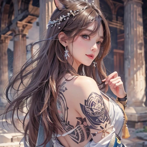 ((daytime、Real Light、beste-Quality、in 8K、A masterpice:1.3))、女の子1人、beautiful a girl:1.4、Abs 2,0、Ass 1.5、Immaculate studio、(Bright long hair、Very small breasts)、White shorts:1.2、off shoulders、hyperdetailed face、Detailed eye、Full body tattoo、Body piercing