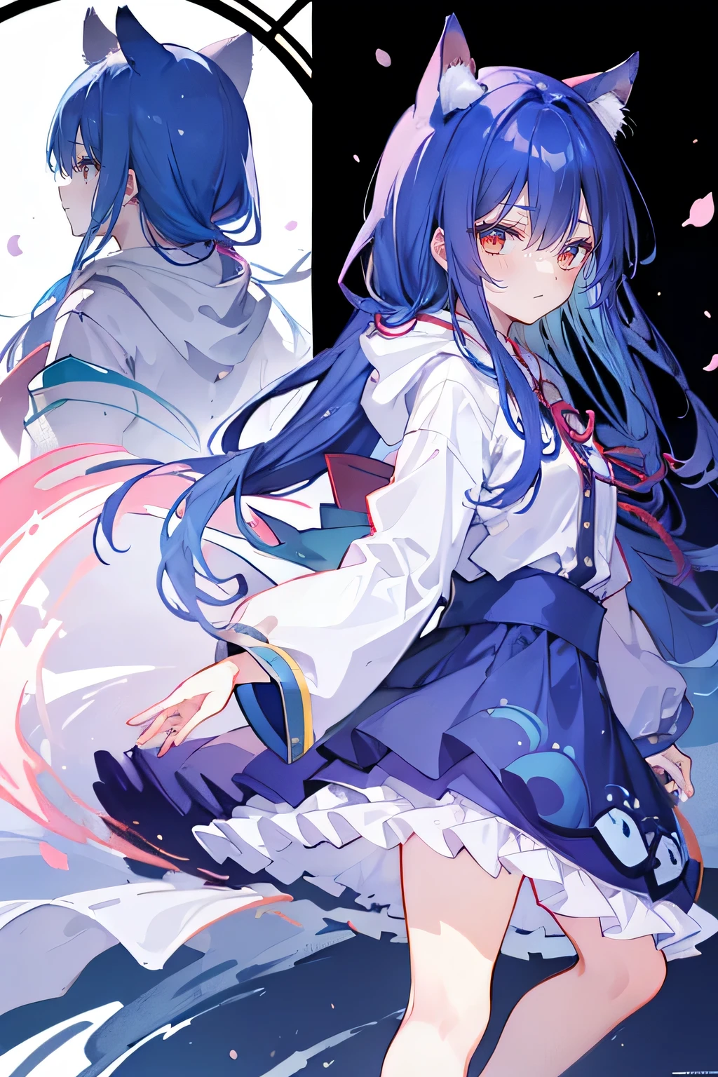 (masterpiece:1.2),Super detailed,lifelike,Expressive eyes,fair skin,perfect face shape,1 girl,
Japanese comics,Gorgeous blue hair,flowing blue hair,flowing clothes,Cat ears,Petals fall,beautiful lola,Baby Angel,sunrise,
Shaking head with one hand,Cross your legs,Gentle and peaceful background,The pavilion is cool and comfortable,smile, wearing hoodie, background of tokyo,back views,snowing, winter.