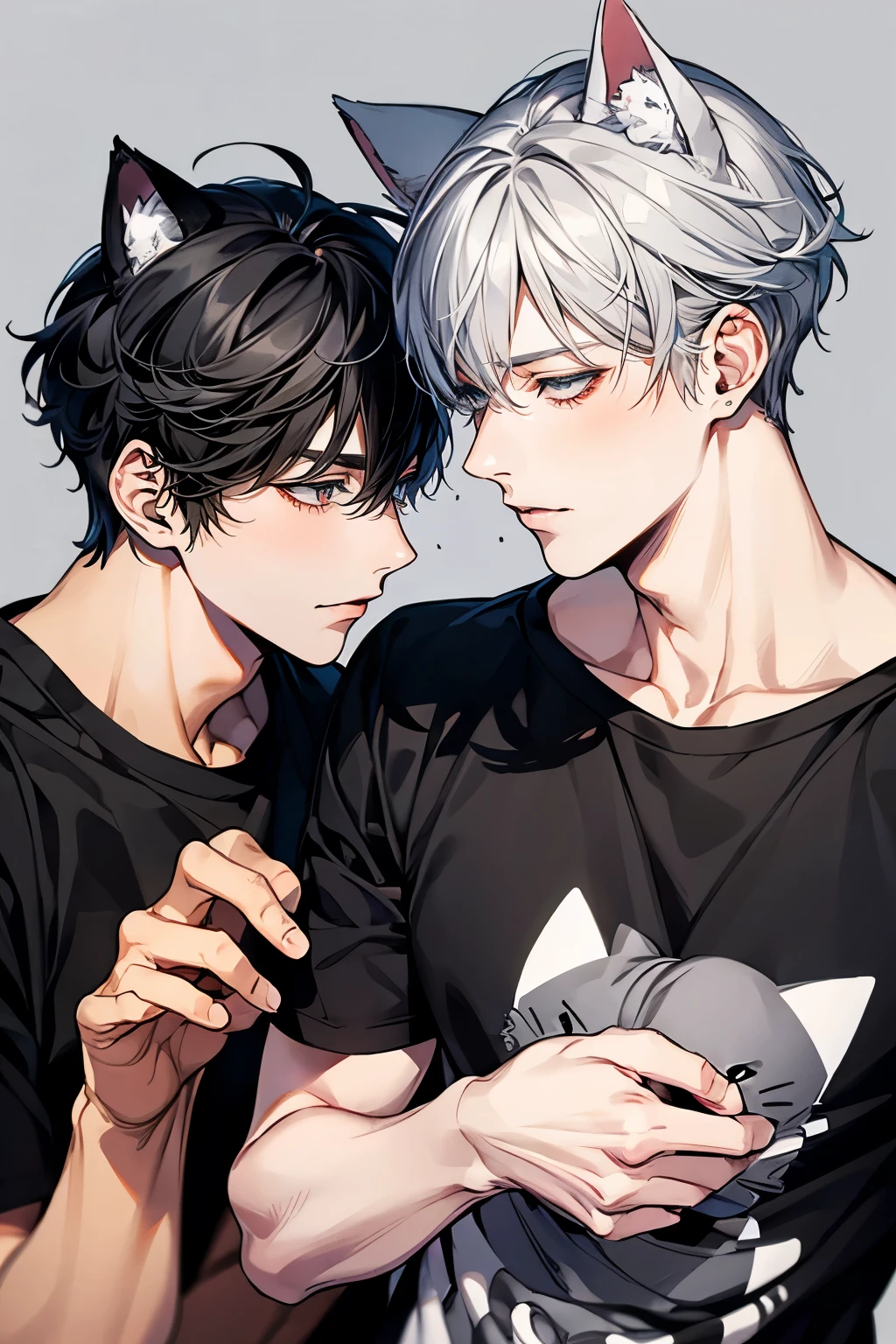 (Mastepiece), (Best Quality), Very detailed, ((Two Men:1.5)), Perfect Face, Beautiful Face, Very detailedな顔,(Black-haired man:1.3),(Grey-haired man:1.3)、Cat ear、first round、T-Shirts、Cat's Tail
