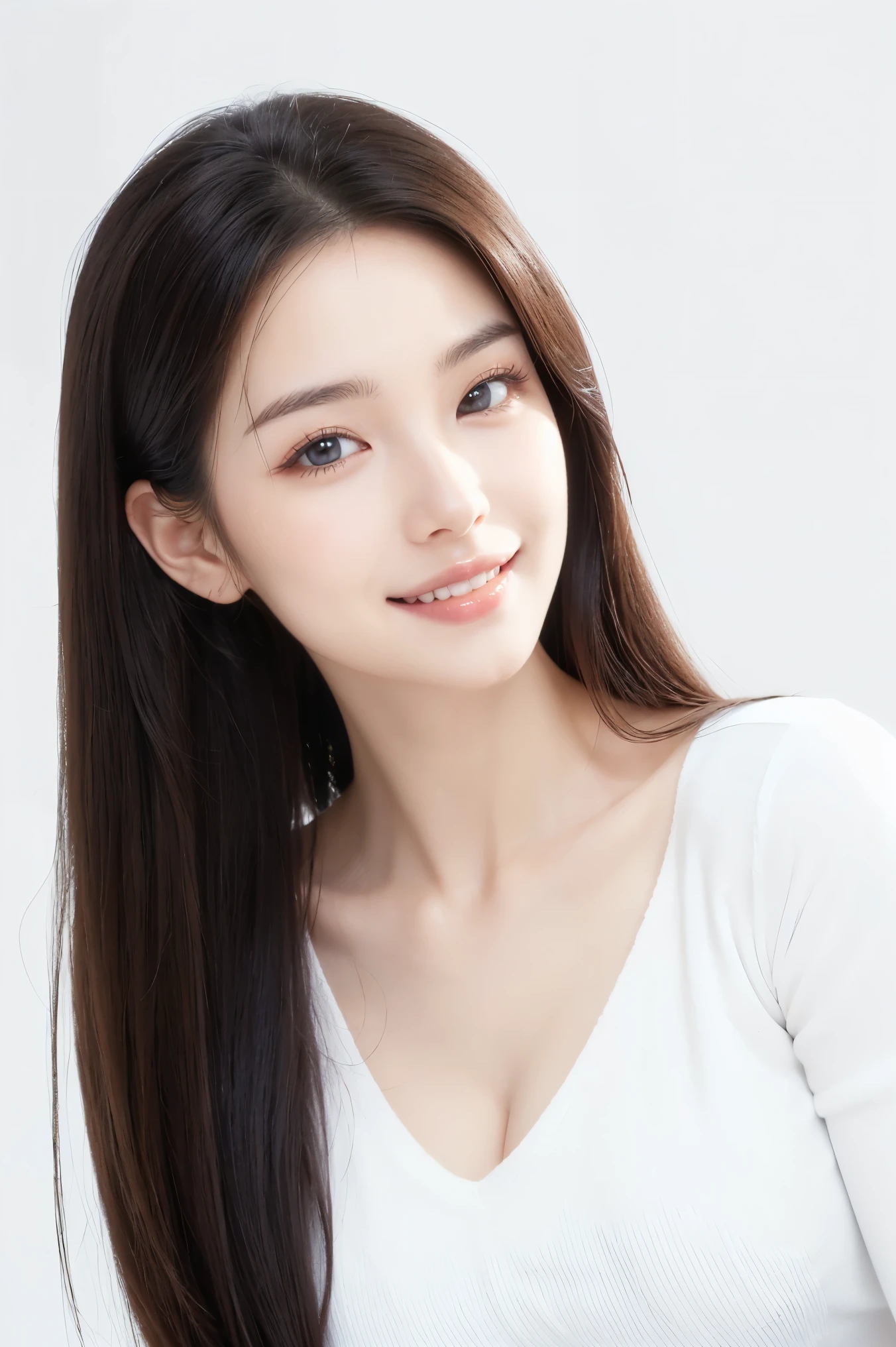 (highest quality、Tabletop、8k、Best image quality、Award-winning works)、Cute beauty、Straight medium hair、(alone:1.2)、(White fitted V-neck long sleeve knit:1.2)、(Close-fitting V-neck long-sleeve knit:1.1)、(The simplest pure white background:1.6)、(Perfectly fixed in front:1.1)、(Face close-up:1.2)、(Facing forward:1.1)、(Very large breasts:1.3)、(Accentuate your body lines:1.2)、(Perfect female frontal portrait with proper margins:1.2)、Beautiful and exquisite、Look at me and smile、(Upright photo from the chest up:1.1)、(Perfect Makeup:1.1)、Bright lipstick、Ultra-high definition beauty face、Ultra HD Hair、Ultra HD Shining Eyes、Ultra High Resolution Perfect Teeth、Super high quality glossy lip、Accurate anatomy、Very beautiful skin、(Pure white skin shining in ultra-high resolution:1.2)、An elegant upright posture when viewed from the front、(Very bright:1.3)