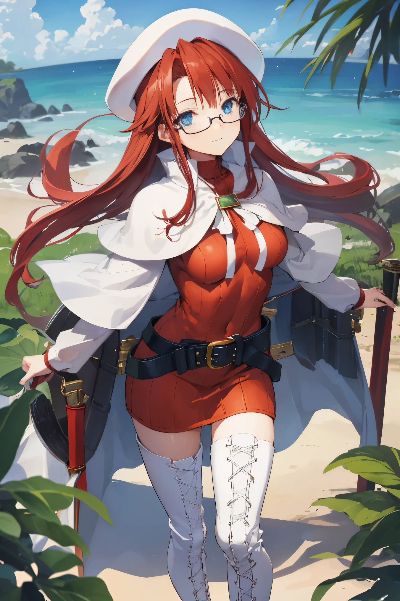 summonnightaty, aty, (young:1.3),long hair, blue eyes, red hair, large_beret, hat, glasses,
BREAK long hair, thighhighs, hat, dress, boots, glasses, belt, cape, sweater, zettai ryouiki, beret, thigh boots, white footwear, ribbed sweater, loose belt,solo,
BREAK outdoors, fantasy,on_beach
,Highquality_hads,perfect_fingers,
BREAK (masterpiece:1.2), best quality, high resolution, unity 8k wallpaper, (illustration:0.8), (beautiful detailed eyes:1.6), extremely detailed face, perfect lighting, extremely detailed CG, (perfect hands, perfect anatomy),covered_nipples,covered_navel ,half_eyes,long_sword,sleepy,standing,red_sweater,apart_knees,magical_effect,spread_legs, have_a_book,teacher,rise_knee,Smile,rise_hand,look_down_viewer,spread_arms,