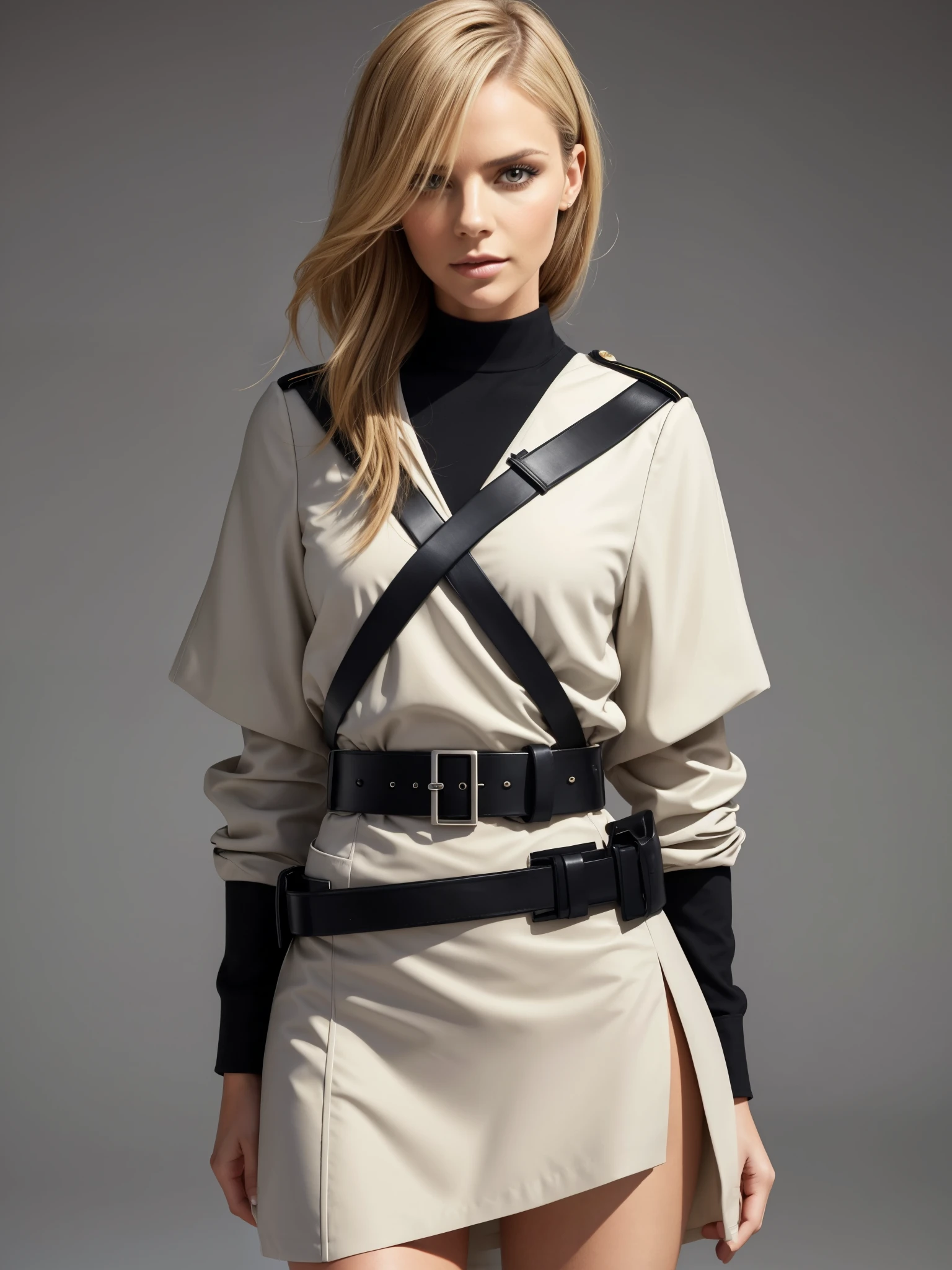 Sitted Army Female officer wearing army camouflaged uniform , makeup, mascara, Lips are overdued, colored, Minimalism, monotone, simple color palettes, Clean, sharp designs, flowing silhouettes, high-waisted belt, asymmetrical, geometric, Elegant and luxurious materials and designs, Simple, minimal accessories, Distinctive designs, simple silhouettes, chic and mature impression, simple and sophisticated style, elegance, minimalism, high quality materials, cool and urban impression, high fashion, , simplicity and sophistication, complex background. High angle, [Victoria Beckham], [[Kate Beckinsale]], [[[Jenna Coleman]]], [[[Alessandra Ambrosio]]],