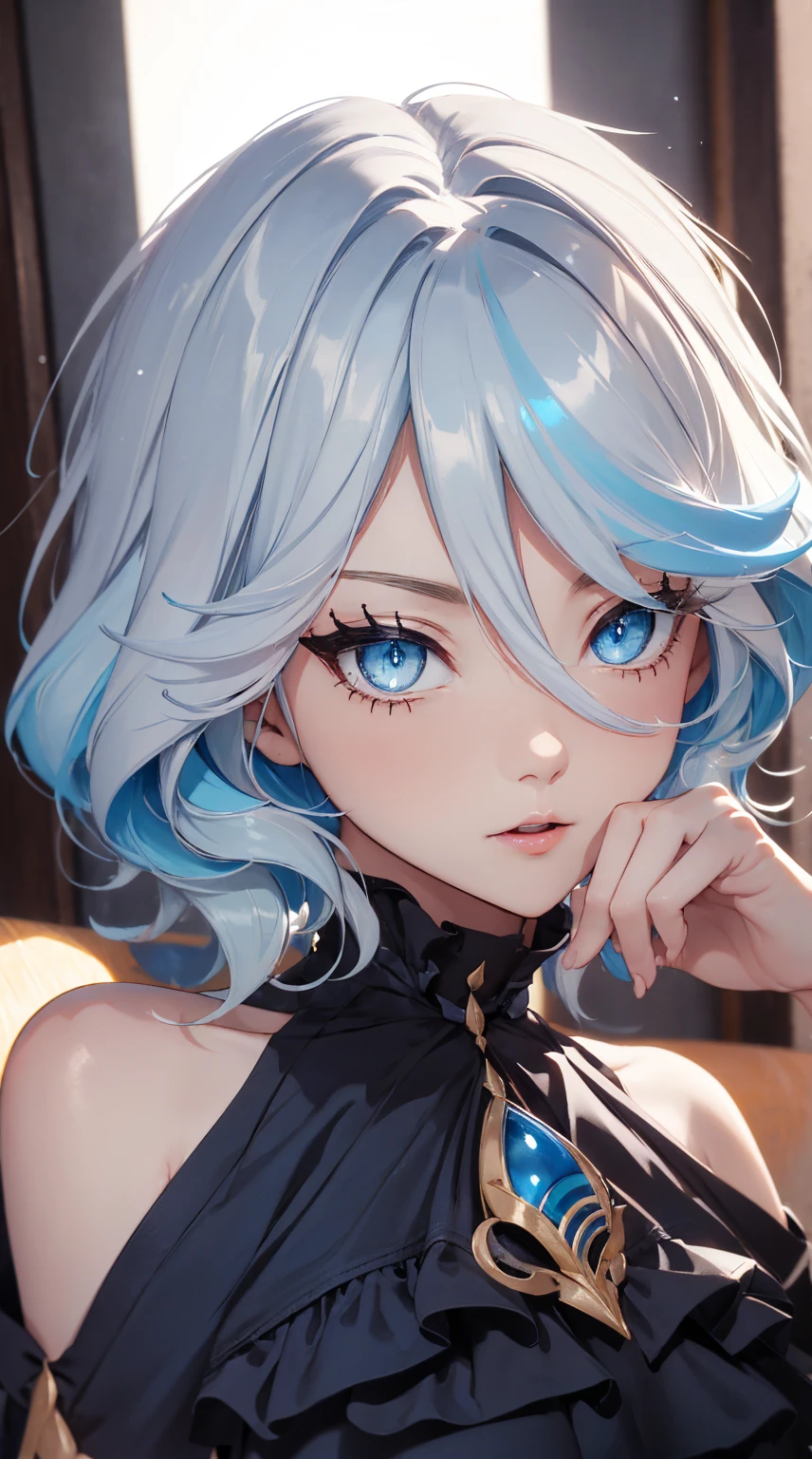 ((top quality, 8k, masterpiece: 1.3, ultra hd, high quality, best quality, high definition, realism)), sharp focus: 1.5, Beautiful girl with thin and skinny body, thin and skinny body, Light blue hair, blue ocean eye color with light Gradation, Erotic ahegao expression, Mouth open, Erotic pose on the chair, Close up view.