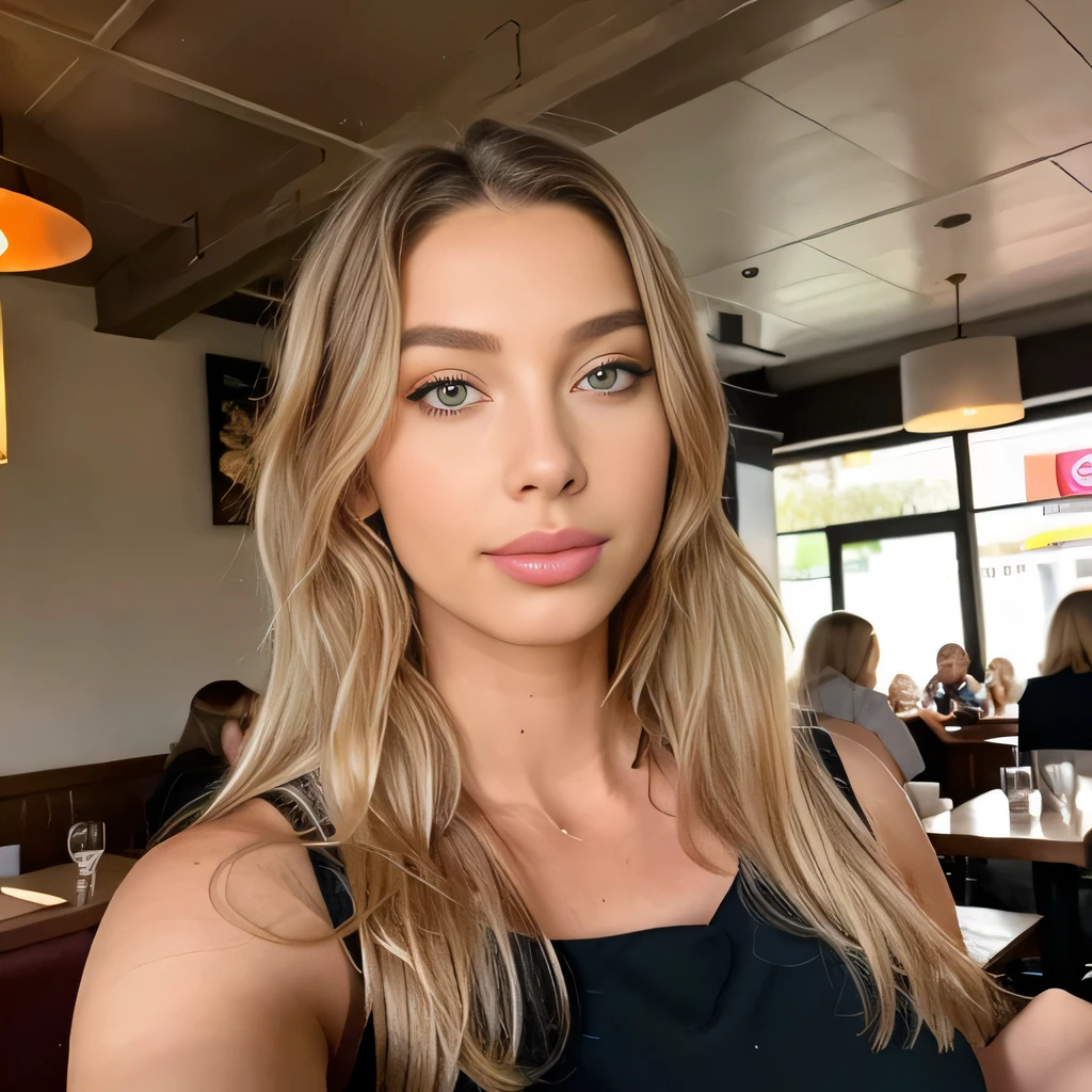 Hyperrealistisches Selfie von Emily Sears, Meisterwerk, Best quality, Create dystopian Meisterwerks. beautiful woman, schlank, (realistisches blondes Haar) , detailliertes Gesicht, Alter von 20 Jahren, in einem Restaurant, Lachen, wears a beautiful dress, (eating Pasta), Blick in die Kamera, volles Restaurant, Menschen, Pasta,