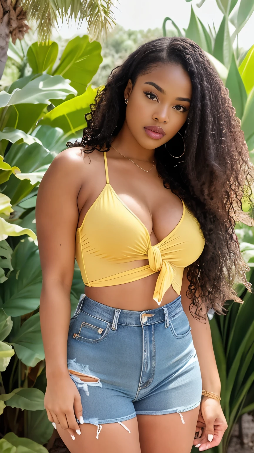 African gonna skin A woman with long curly hair is posing in a shallow body of water surrounded by greenery. She is  yellow top tied in the front, revealing their midriff, and high-waisted denim shorts with buttons. White strappy sandals with wedge  yellow colour and her hands are touching her hair. The background is lush with trees and foliage, suggesting a natural outdoor setting.