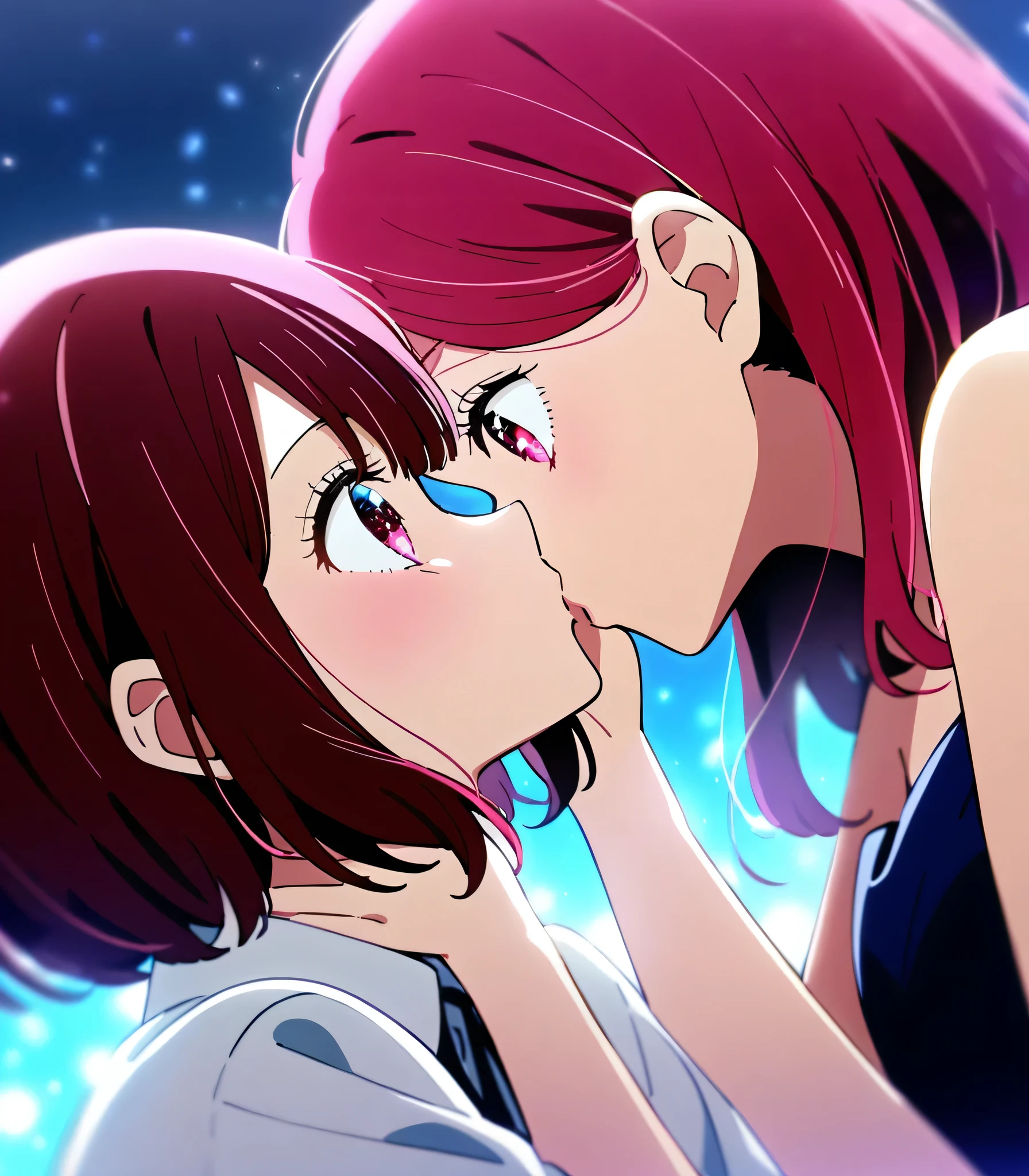 2girls, female focus, Arima kanna with hosino ruby,they are kissing,oshi no ko, very beautiful, best quality, very aesthetic, absurdres