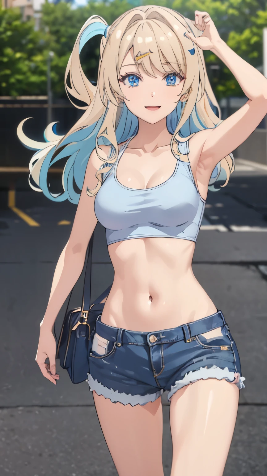 masterpiece, highres, solo, 8k, detailed, perfect face, (ultra high quality), looking viewers, collar bones, medium breast, navel, stomach, belly, armpit, sideboobs, blonde hair, blue eyes, slim body, smile, crop tanktop, denim short, mini short , blush